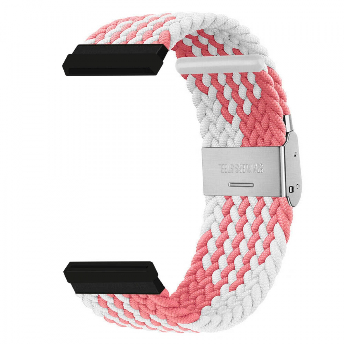 Rosa-weiß geflochtenes Uhrenarmband mit Edelstahlverschluss auf weißem Hintergrund.