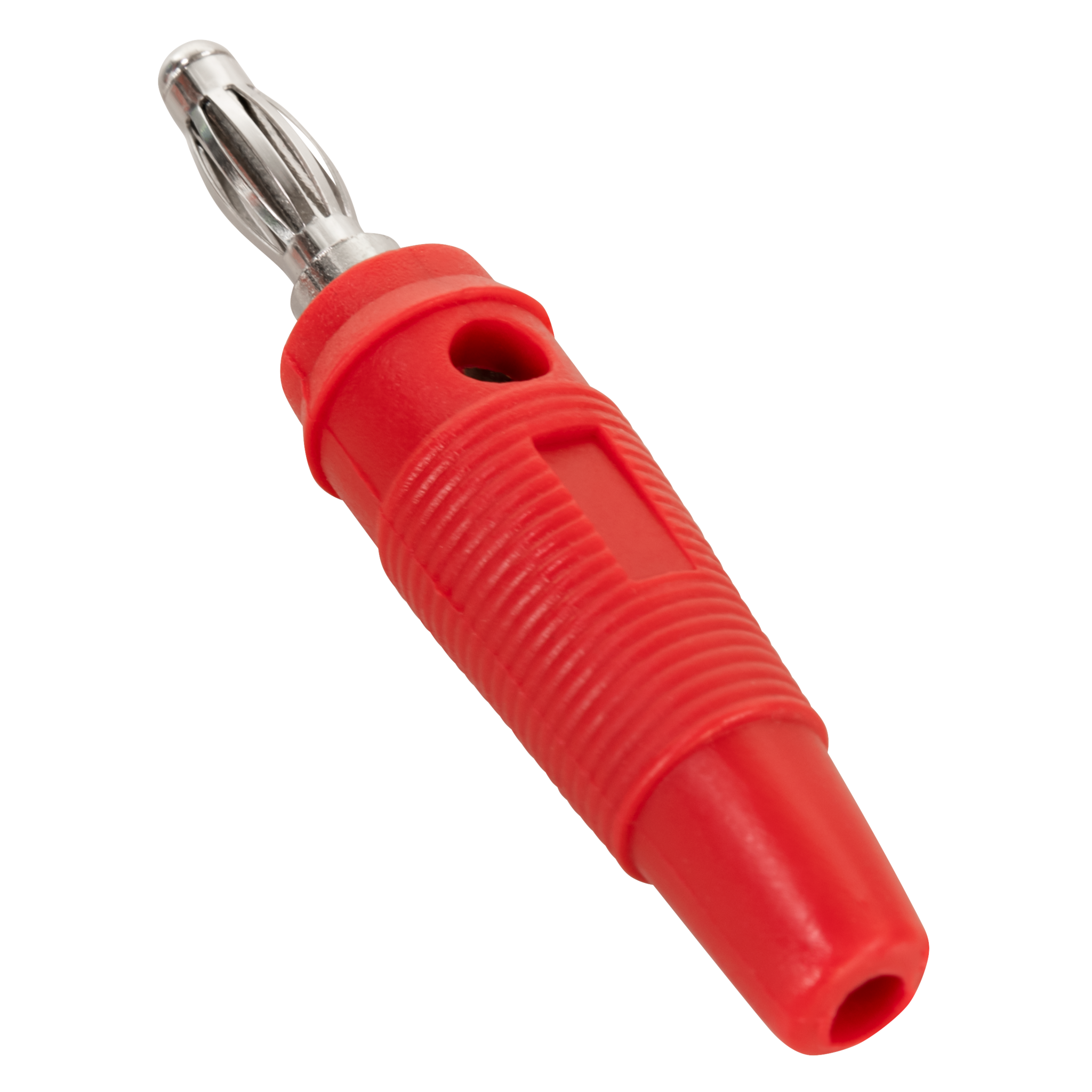 Ein roter Bananenstecker mit silberner Spitze, isoliert vor schwarzem Hintergrund.