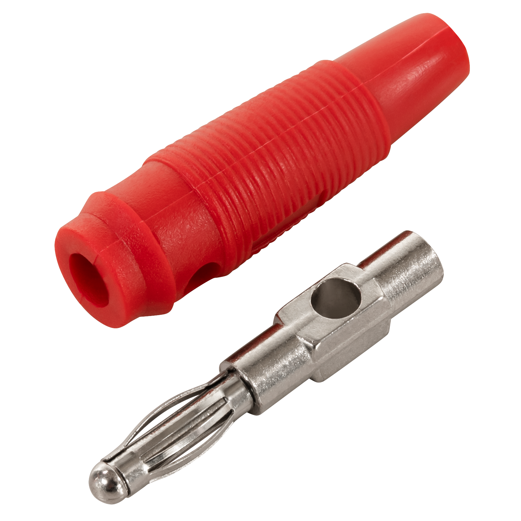 Zwei Bananenstecker, einer rot und einer silberfarben, vor schwarzem Hintergrund, Nahaufnahme.