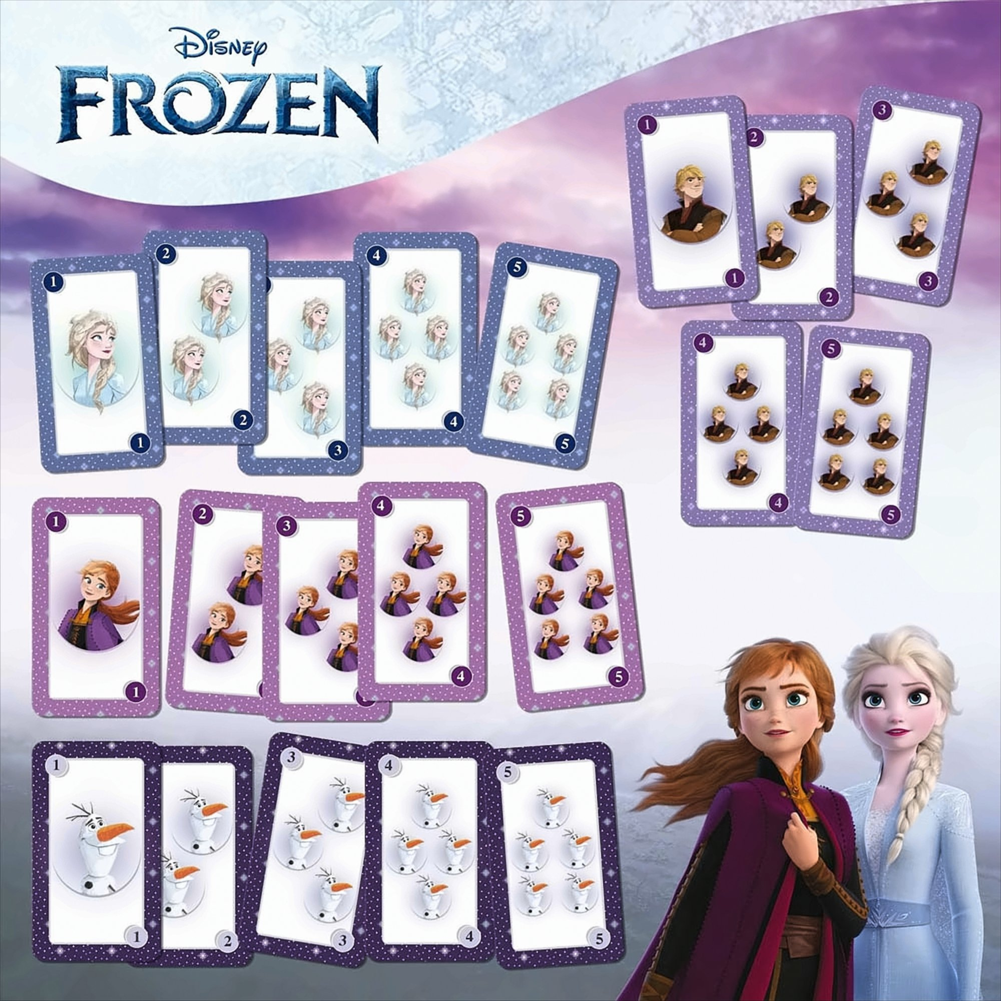 Frozen-Kartenspiel mit Elsa und Anna. Karten mit den Zahlen 1-5 mit Charakteren und Bildern.