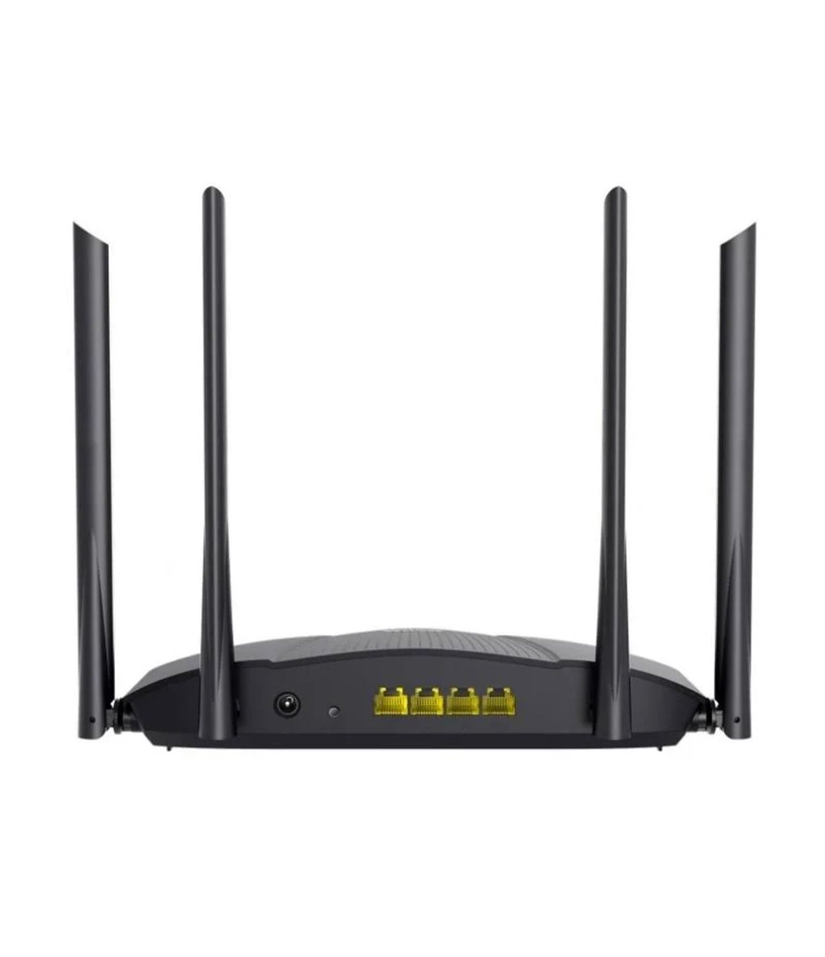 Czarny router z czterema antenami, żółtymi portami i wejściem zasilania. Widok z tyłu.