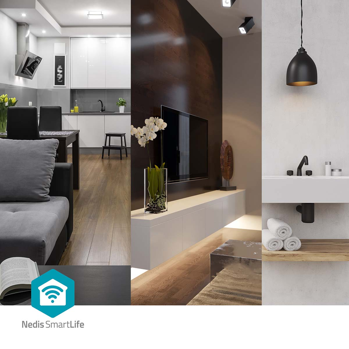 Nowoczesna scena wnętrza z kuchnią, salonem i łazienką. Zawiera logo inteligentnego domu.