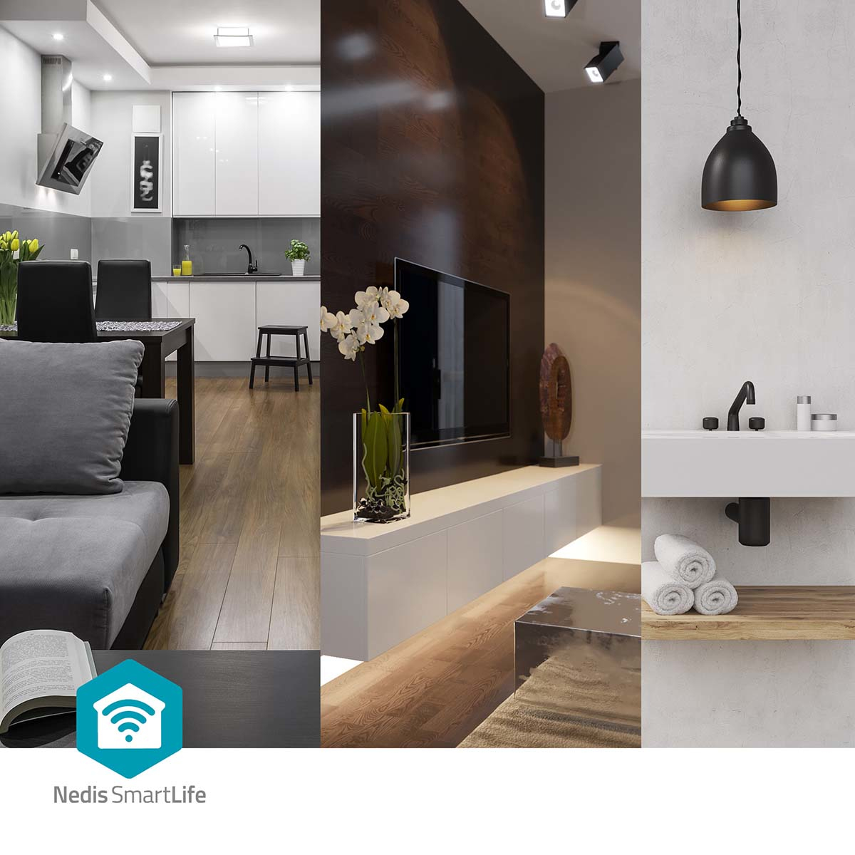 Sceny salonu, kuchni i łazienki, z logo inteligentnego domu i ekspozycją produktów na dole.