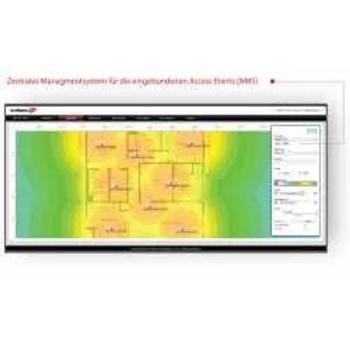 Zrzut ekranu interfejsu systemu zarządzania siecią, pokazujący plan piętra z nakładką mapy cieplnej.