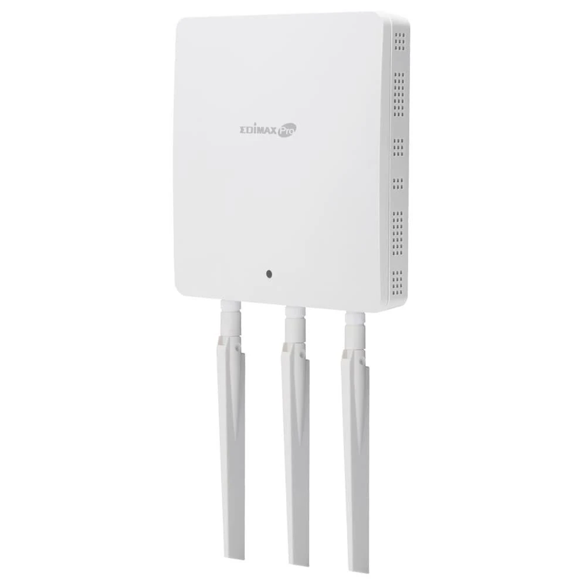 Biały punkt dostępowy Wi-Fi z trzema antenami. Urządzenie ma logo Edimax Pro.