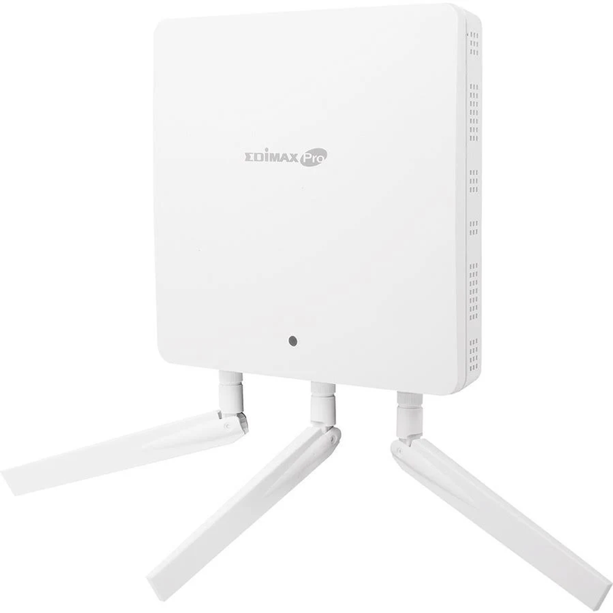 Biały punkt dostępowy EDIMAX Pro z trzema antenami. Jest na białym tle.