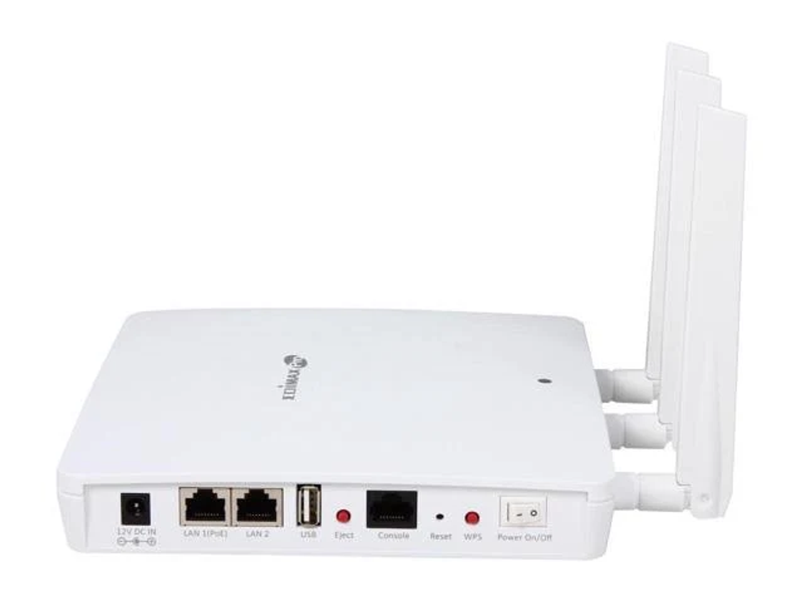 Biały router bezprzewodowy z trzema antenami, pokazujący porty i przycisk zasilania.