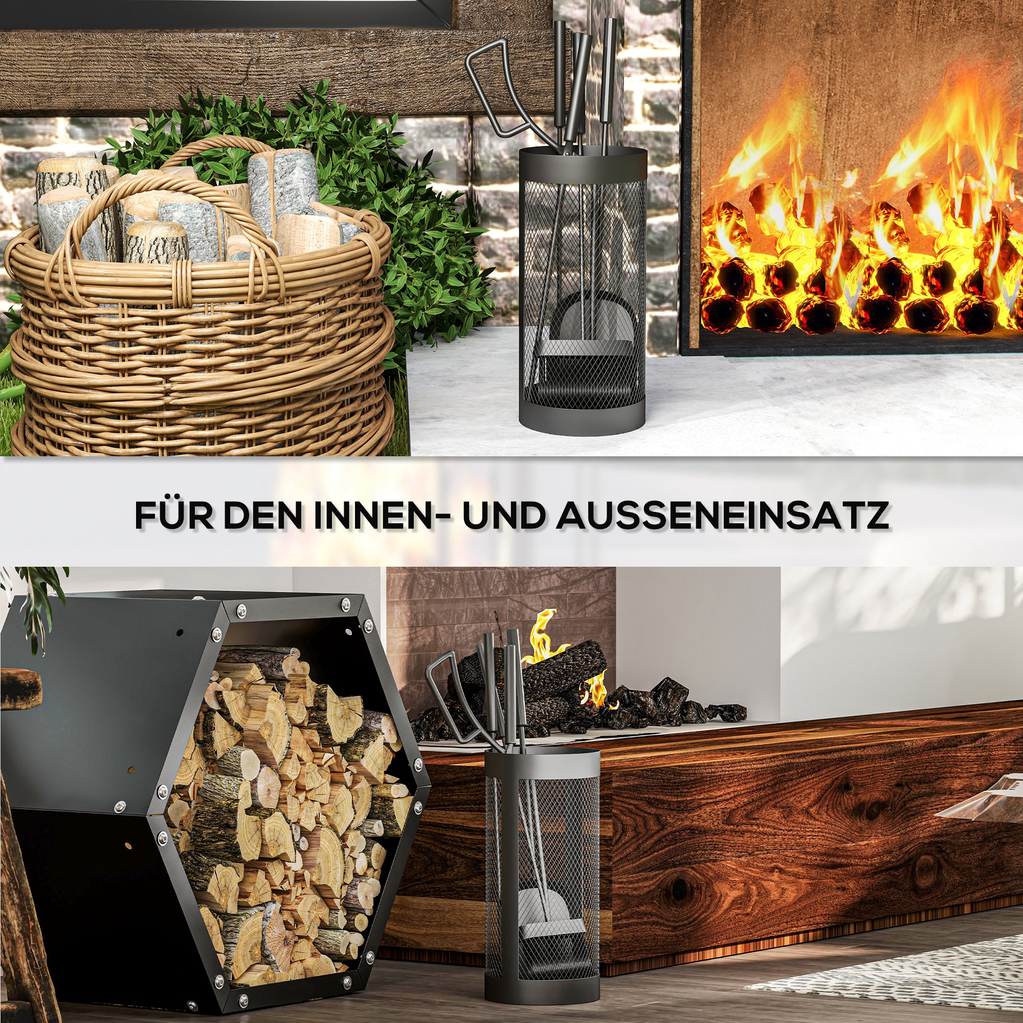 Kamin mit Holzkorb, Metallwerkzeugen und Feuer, für den Innen- und Außenbereich geeignet.