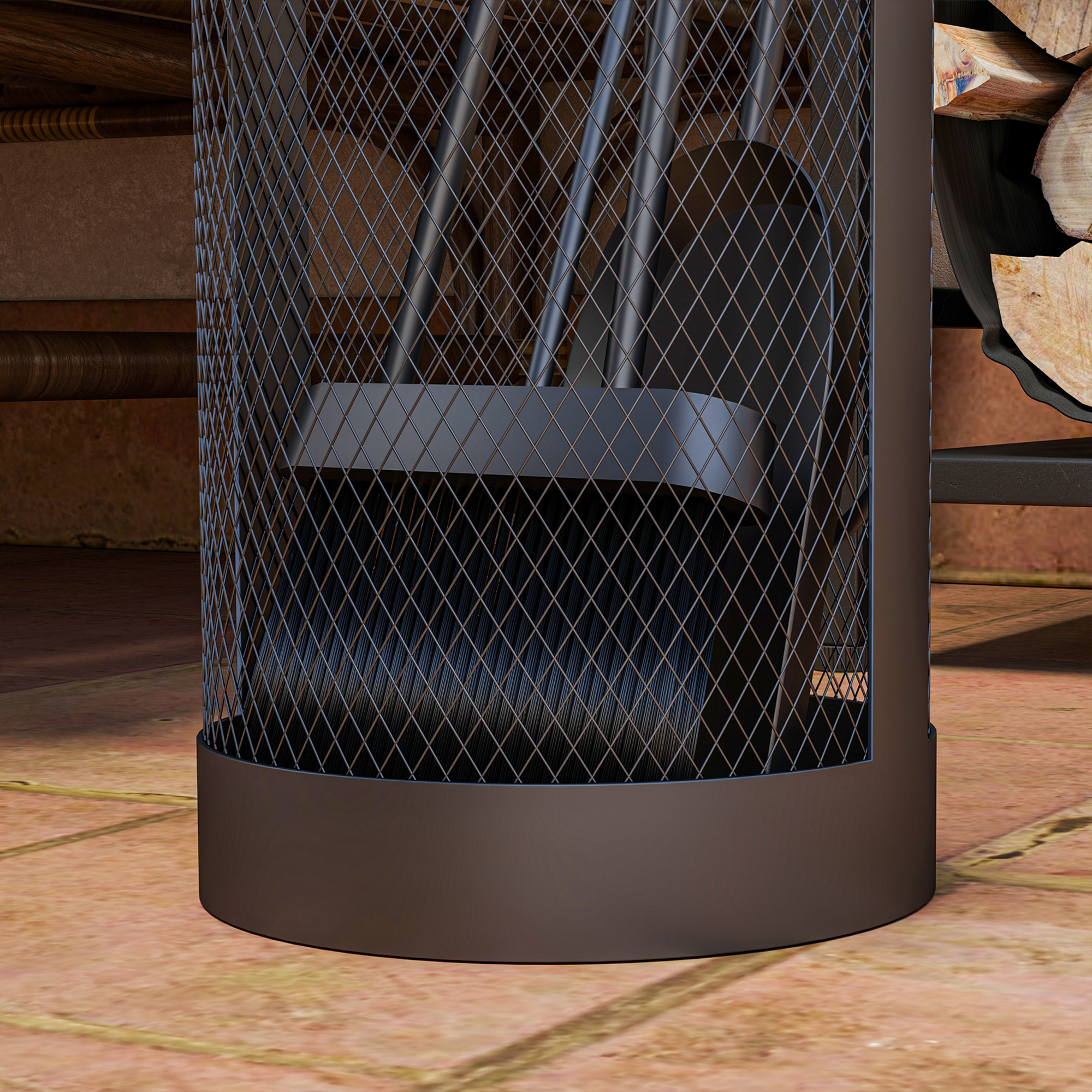 Nahaufnahme eines schwarzen Metall-Kaminwerkzeugsatzes in einem braunen Metallhalter, Holz im Hintergrund.