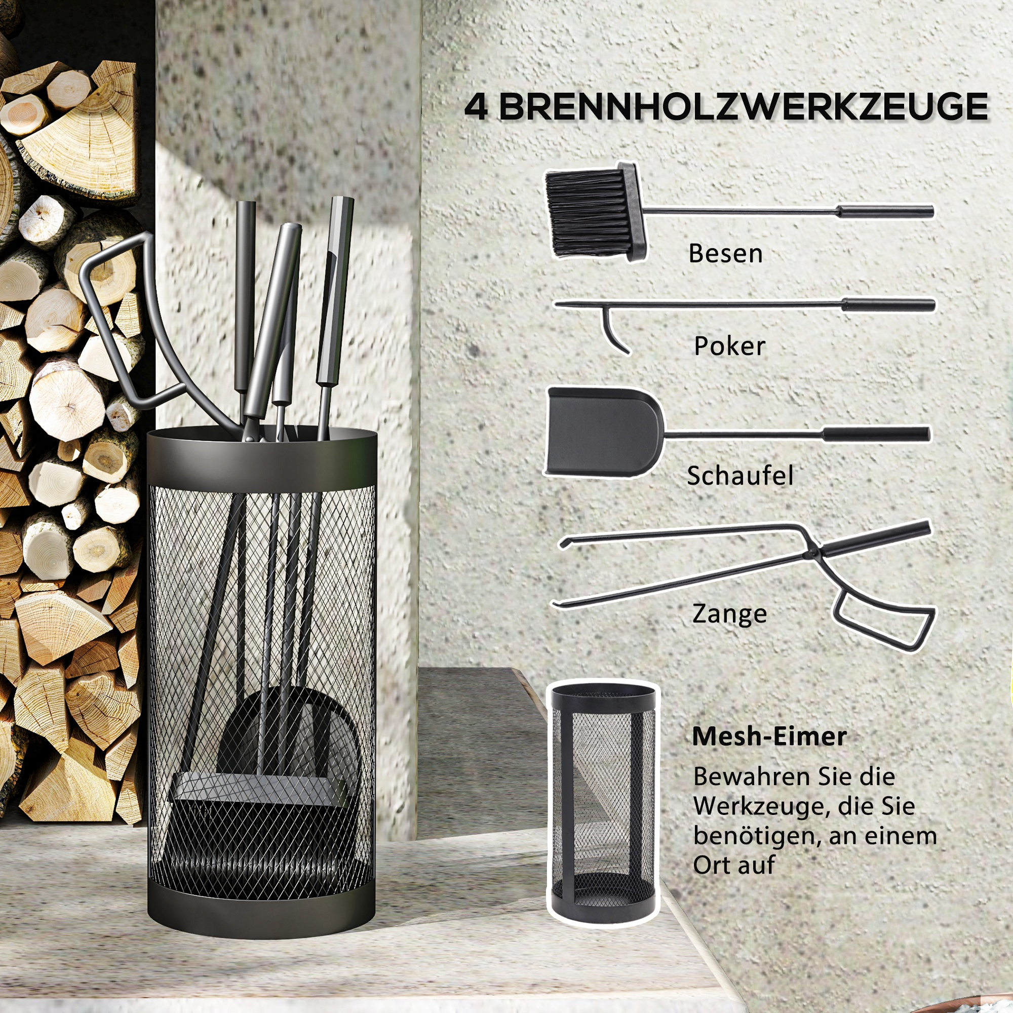 Schwarzes Metall-Kaminwerkzeug-Set mit Schürhaken, Bürste, Schaufel und Zange. Enthält einen Maschenhalter.