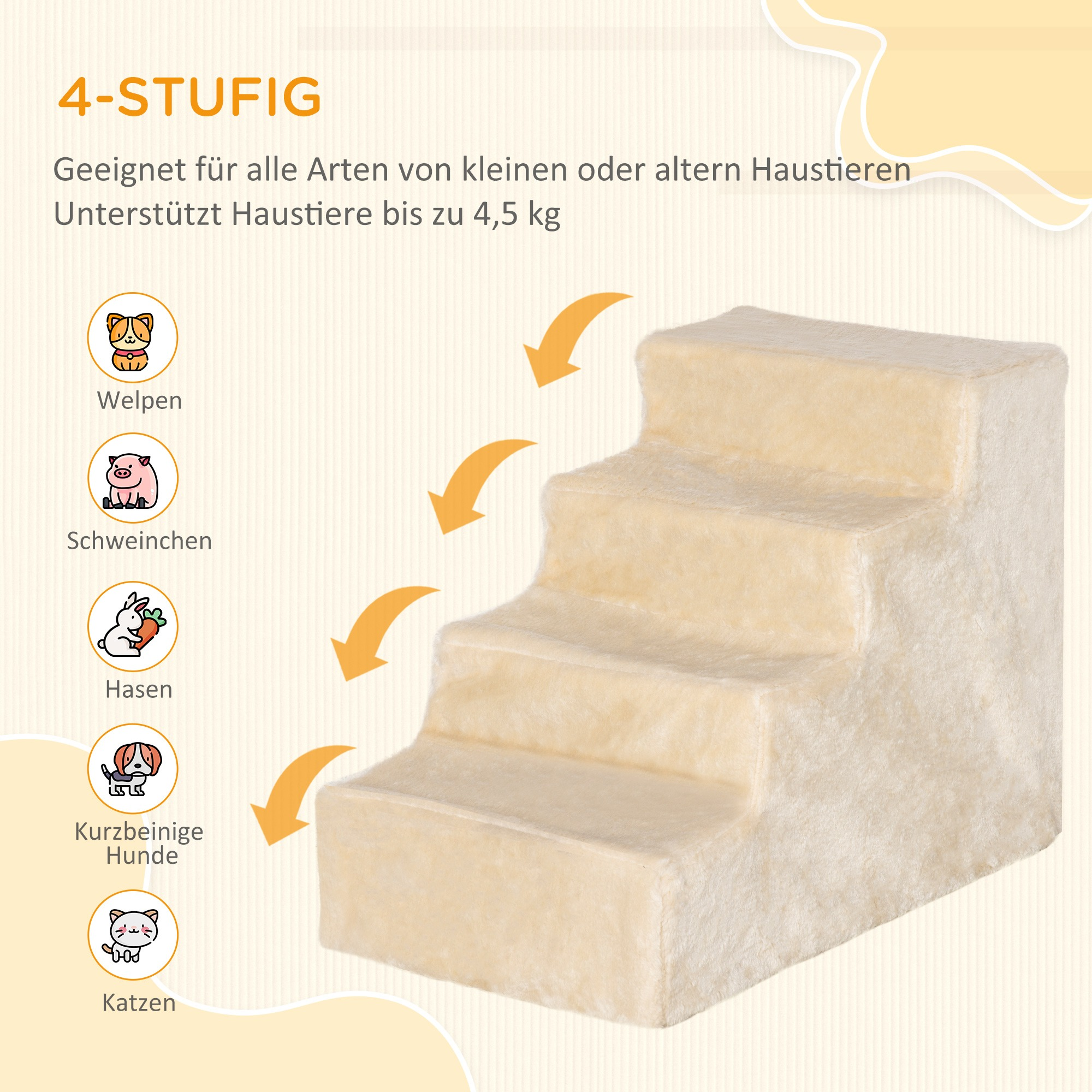 Haustiertreppe, beige mit vier Stufen. Geeignet für Welpen, Schweine, Kaninchen, Hunde, Katzen.
