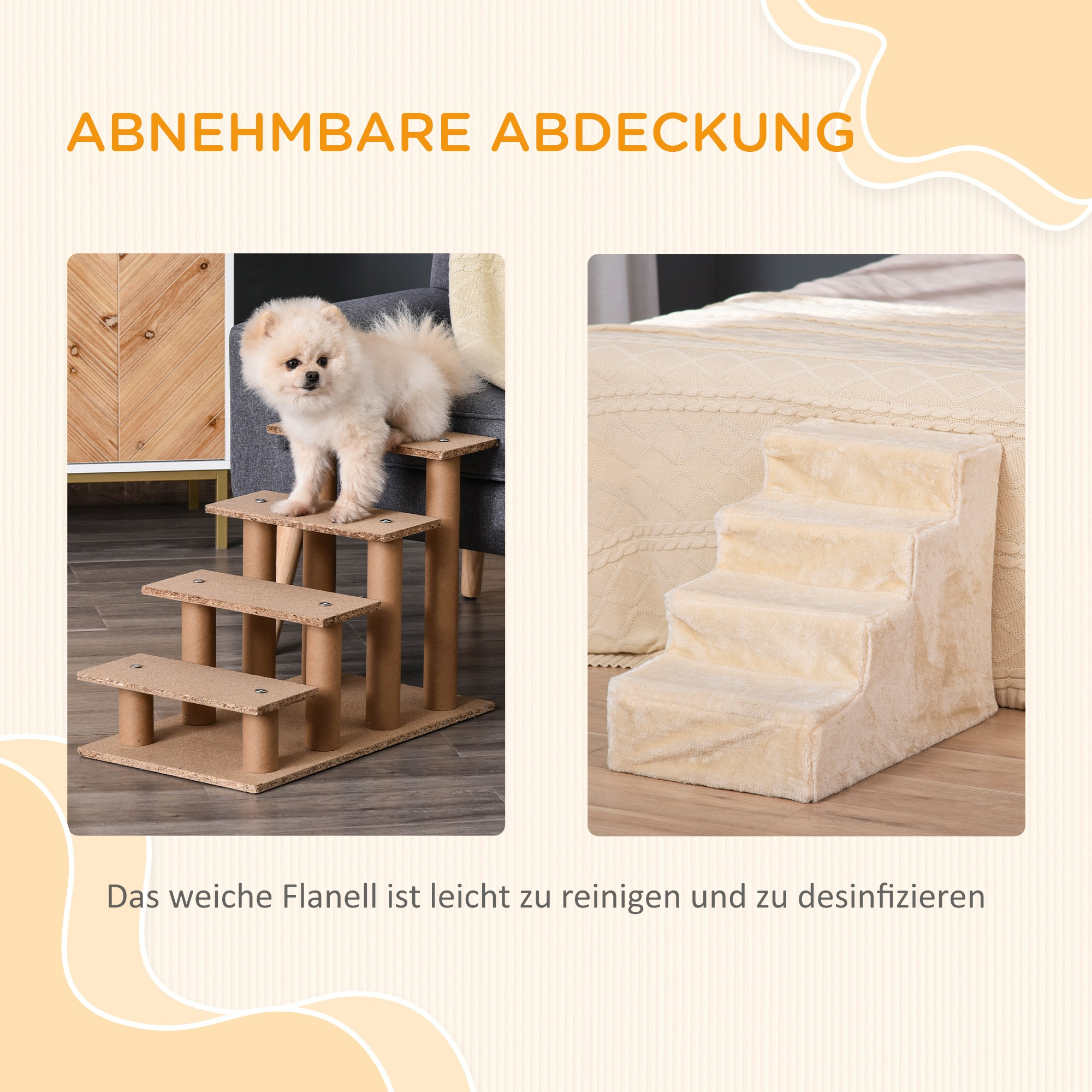 Hundetreppen mit Hund und beige Treppe rechts.
