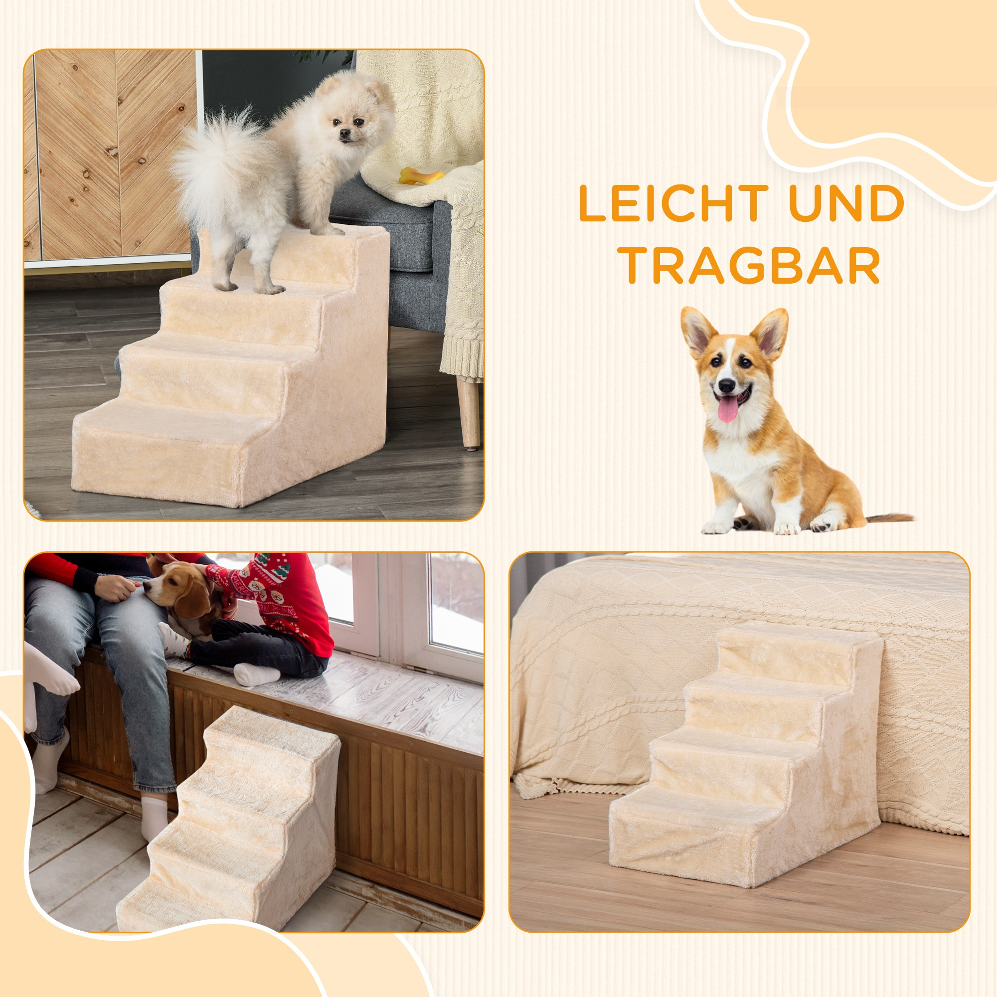 Ein Hundetritt. Vier Bilder zeigen Hunde auf beigen Stufen. Text: Leicht und Tragbar.