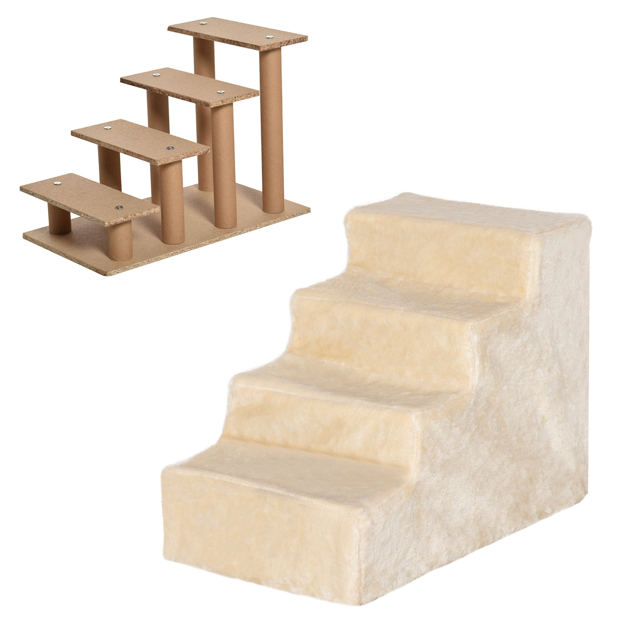 Zwei Katzentreppen angezeigt. Eine ist aus Holz, die andere ist eine beige Plüschstufe. Weißer Hintergrund.