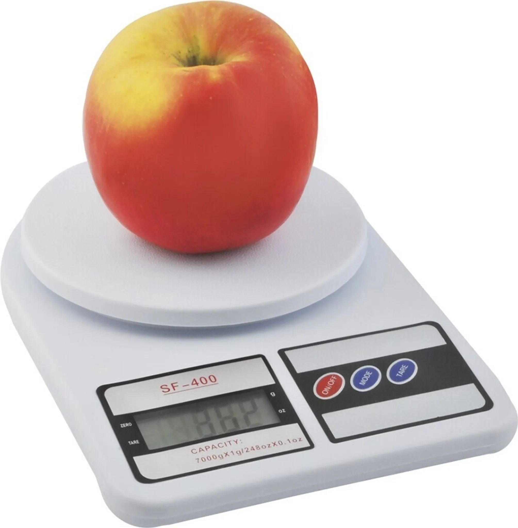 Weiße digitale Küchenwaage mit rotem Apfel, isoliert auf weißem Hintergrund.