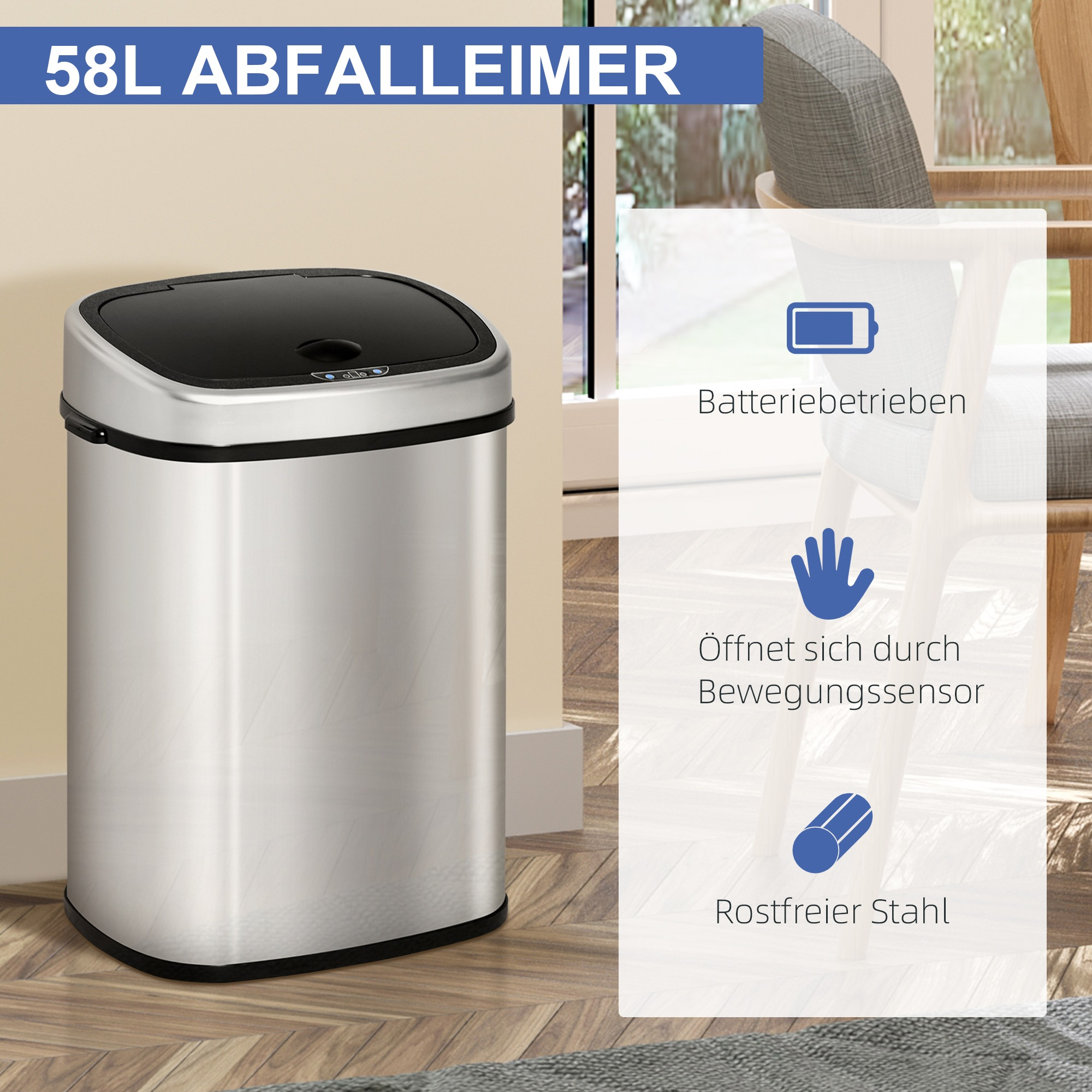 Ein silberner Mülleimer mit schwarzem Deckel. Text an der Seite beschreibt Funktionen.