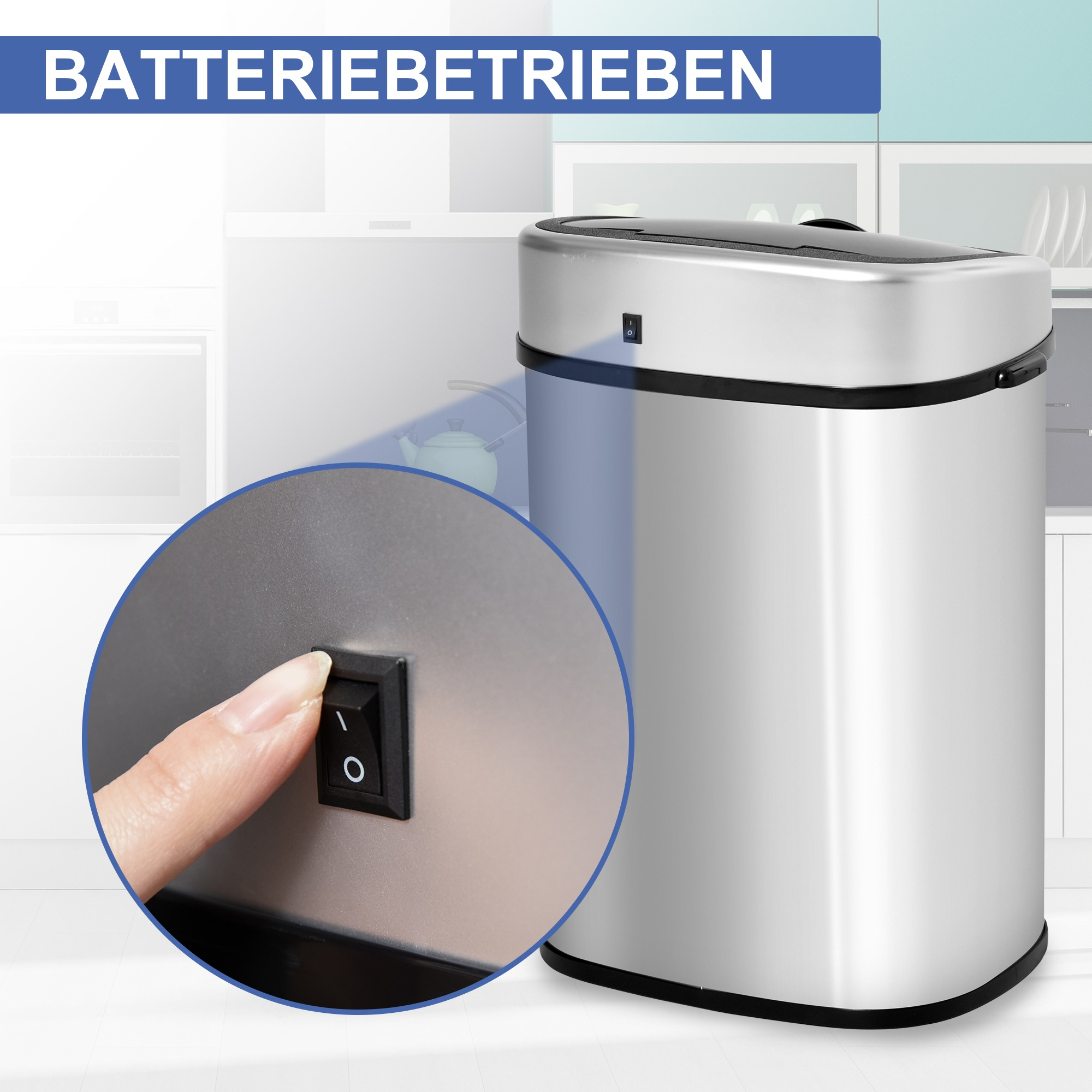Silberne und schwarze Mülltonne, Finger berührt den Schalter. Küchenumgebung.