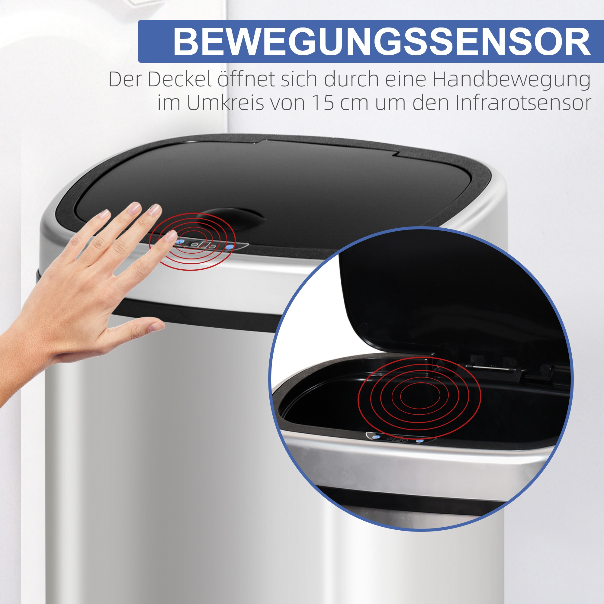 Eine Hand, die sich einer silbernen Mülltonne nähert, die sich automatisch öffnet. Ein blaues Licht ist an.