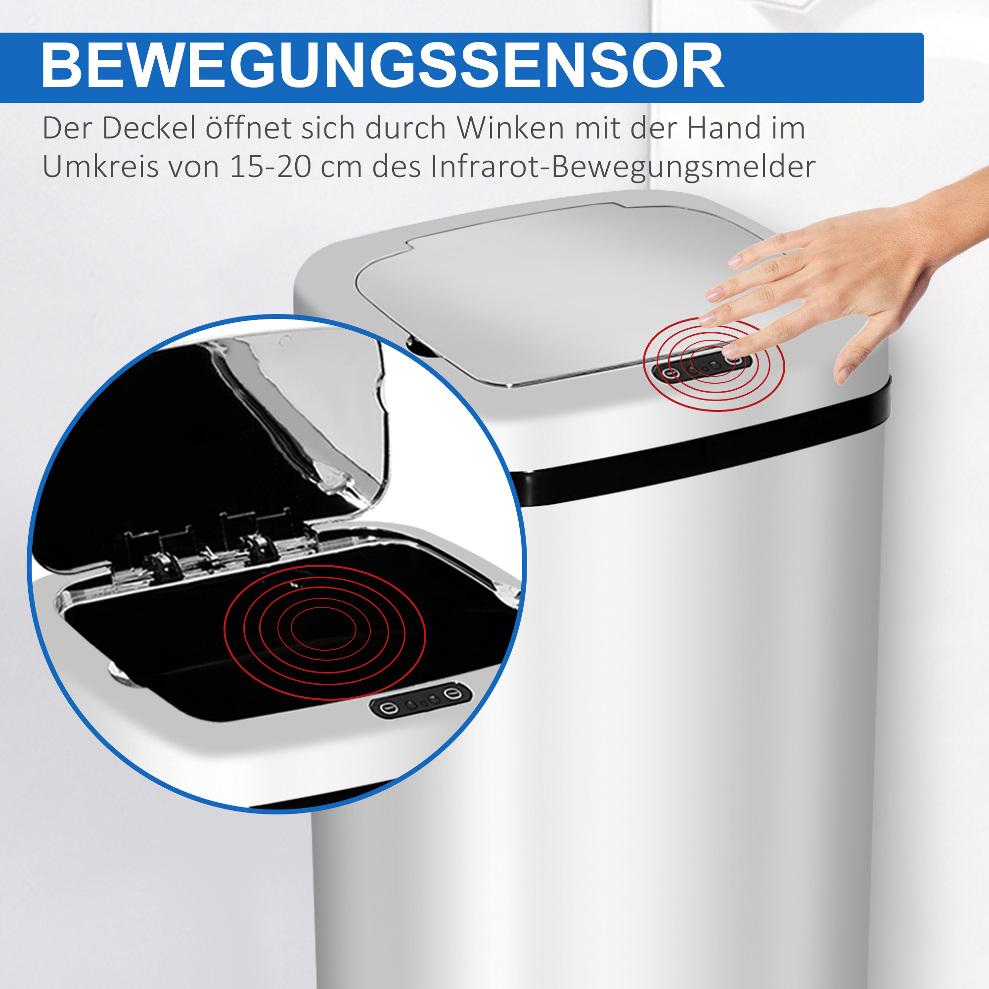 Weißer Mülleimer mit Sensor. Hand nähert sich. Sensor erkennt Bewegung. Weißer Hintergrund, Nahaufnahme.