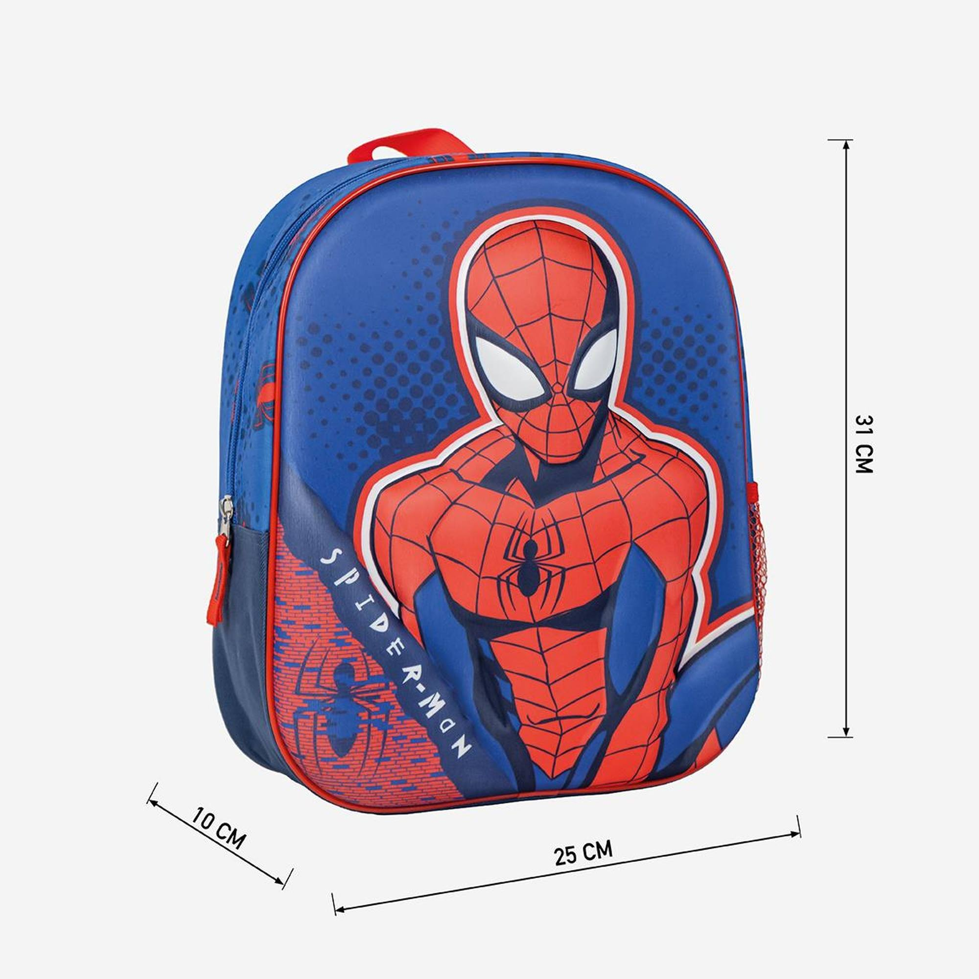 Spiderman-Rucksack mit Maßen, rot und blau, auf weißem Hintergrund.