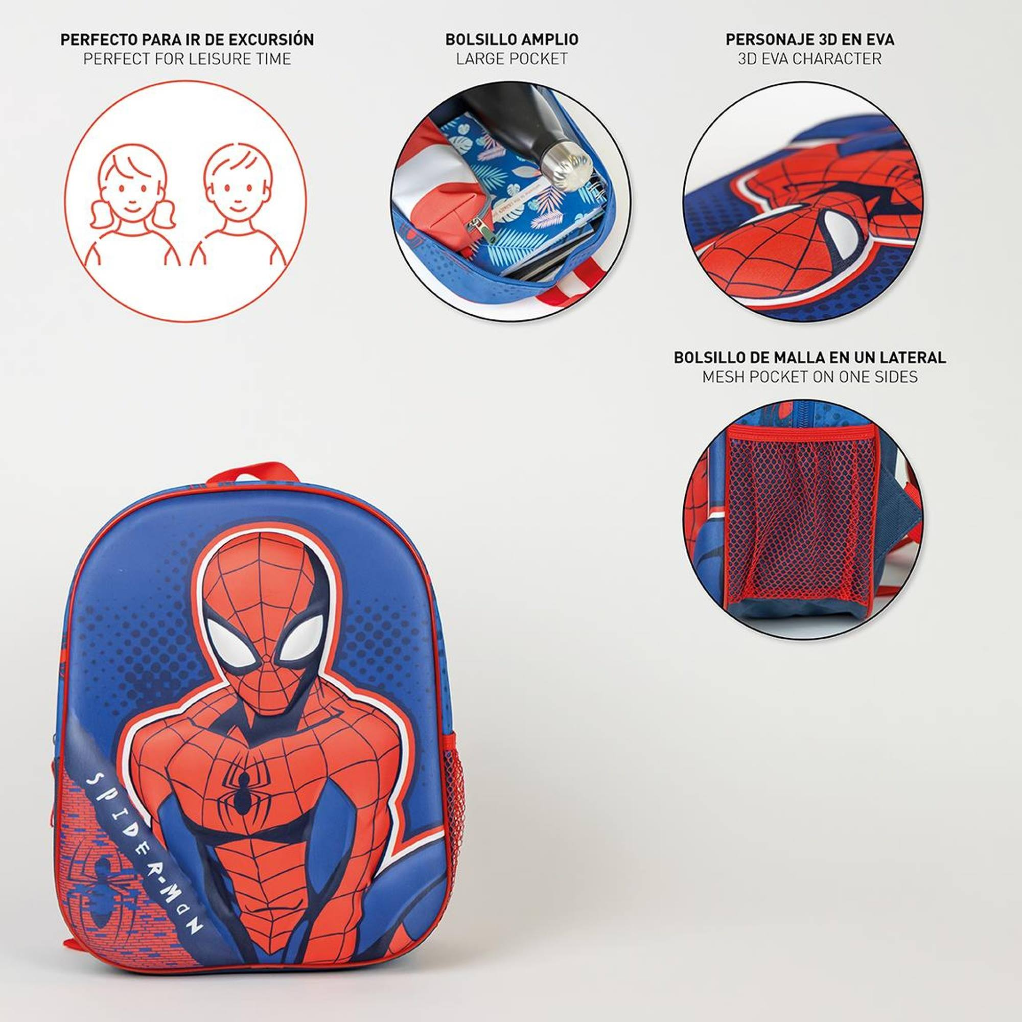 Spider-Man Rucksack mit Bildern der Figur und Details.