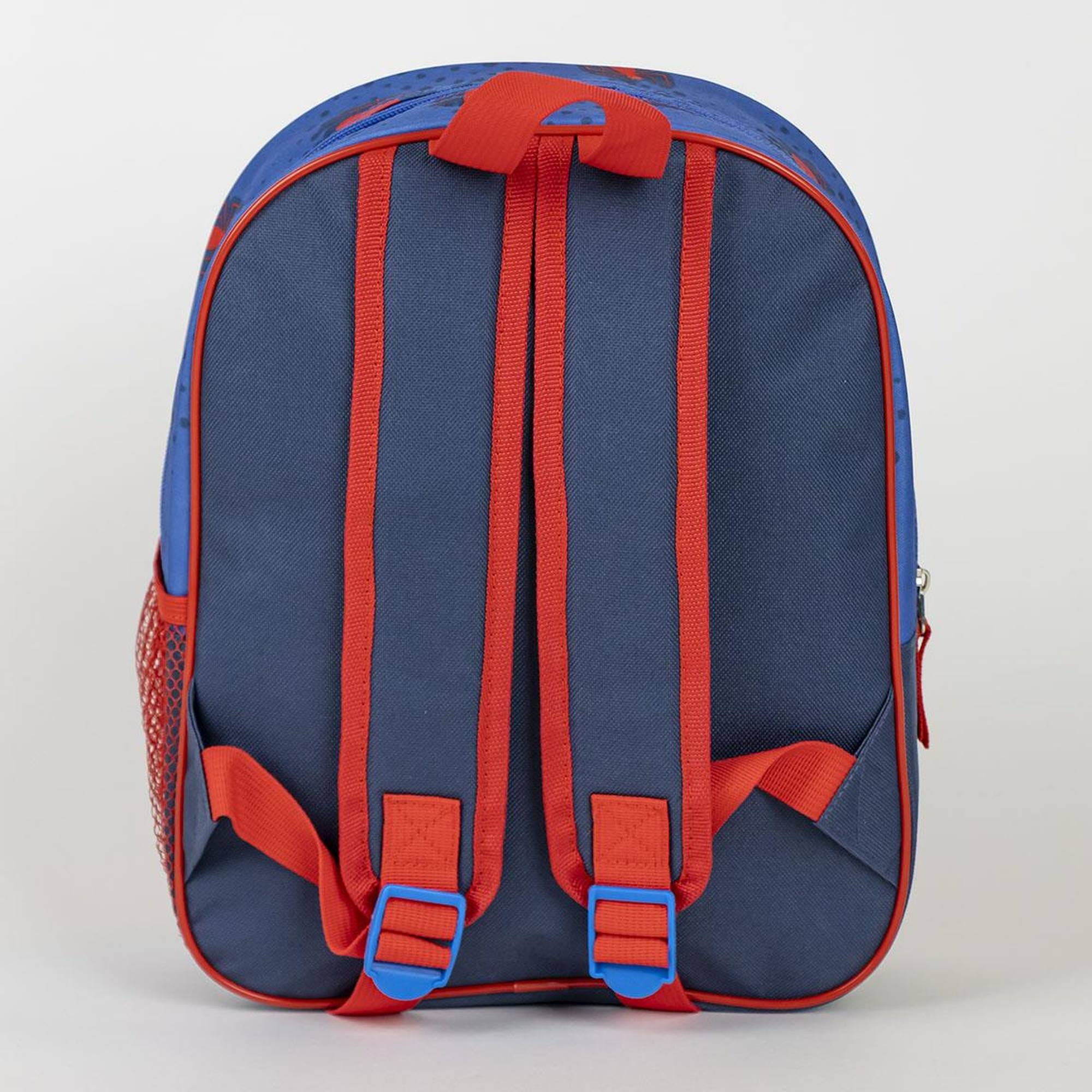 Blauer Rucksack mit roten Trägern und Details, von hinten gesehen.