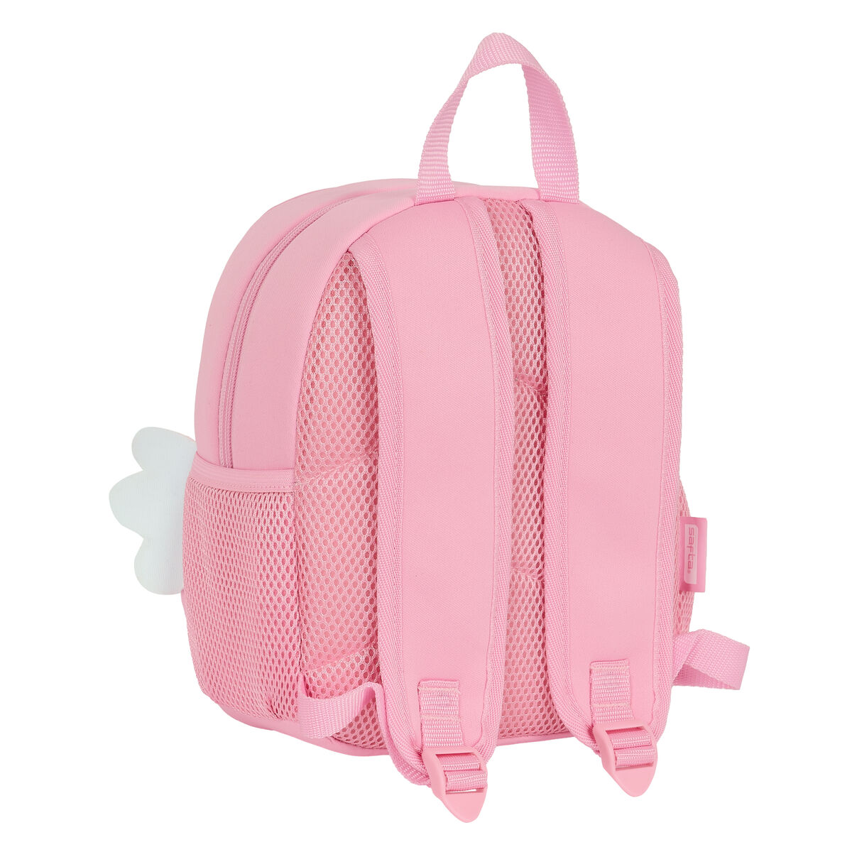 Mochila rosa con detalle de ala blanca en el lateral.