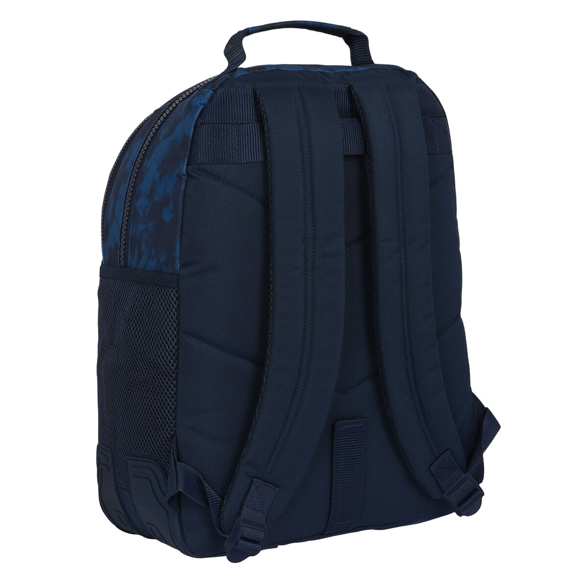 Marineblauer Rucksack mit gemusterter Vordertasche und verstellbaren Trägern. Rückansicht.