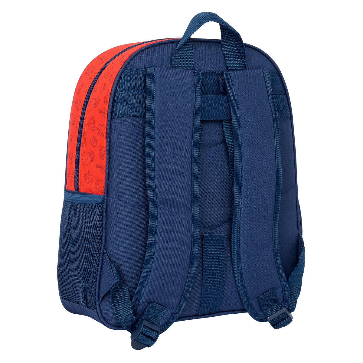 Blauer und roter Rucksack mit dunkelblauem Rücken. Roter oberer Abschnitt mit Zeichentrickfiguren. Seitentasche aus Mesh.
