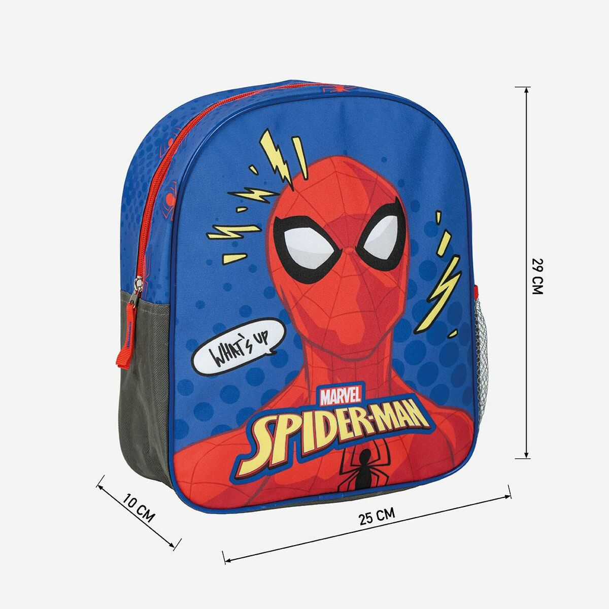 Spider-Man-Rucksack mit dem Gesicht der Figur. Blauer Hintergrund mit Elementen im Comic-Stil. Abmessungen werden angezeigt.
