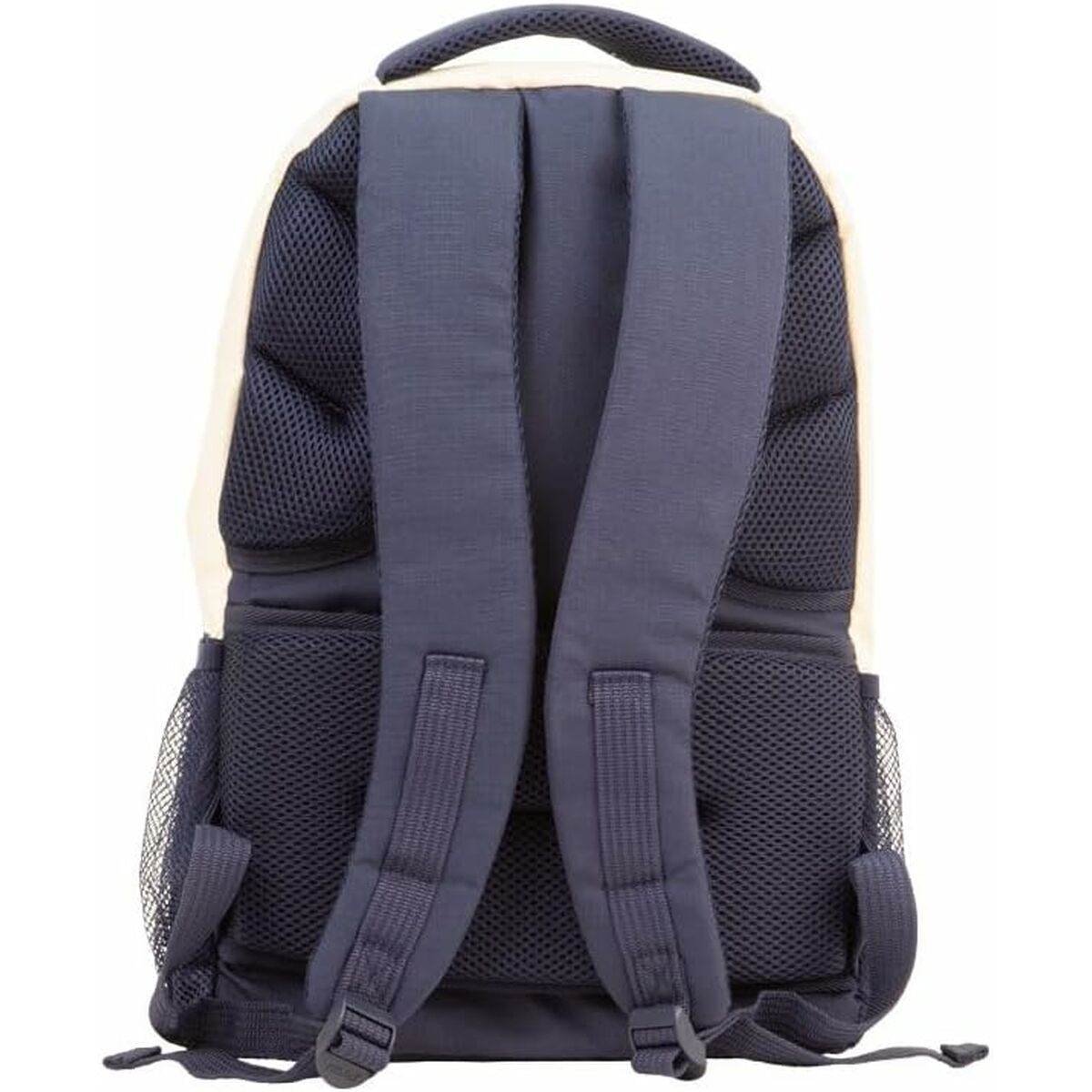 Rückansicht eines marinefarbenen und cremefarbenen Rucksacks mit Netztaschen und verstellbaren Trägern.