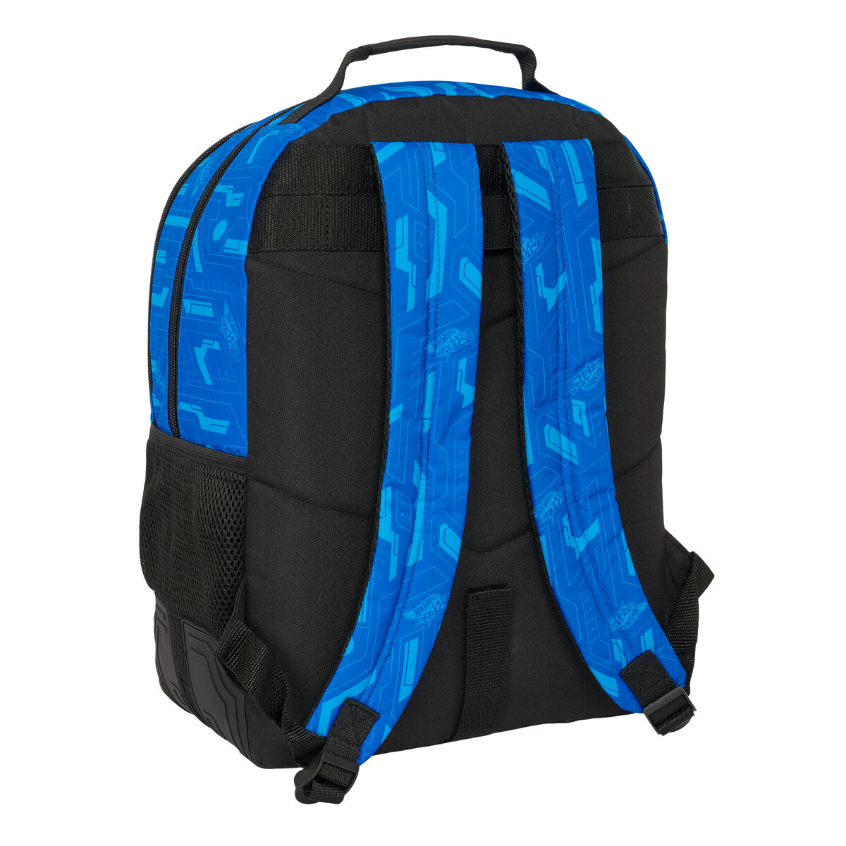 Rucksack mit blauem und schwarzem Design. Er hat blaue Muster und schwarze Träger.