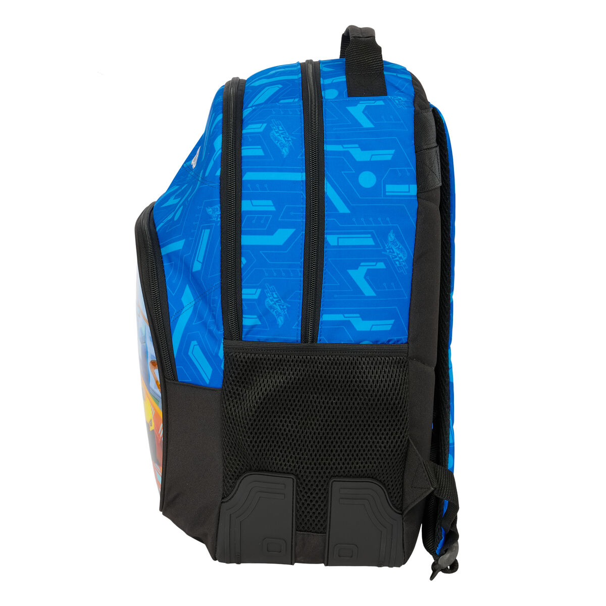 Blauer Rucksack mit technologischem Design, Seitenansicht, mit schwarzer Netztasche.