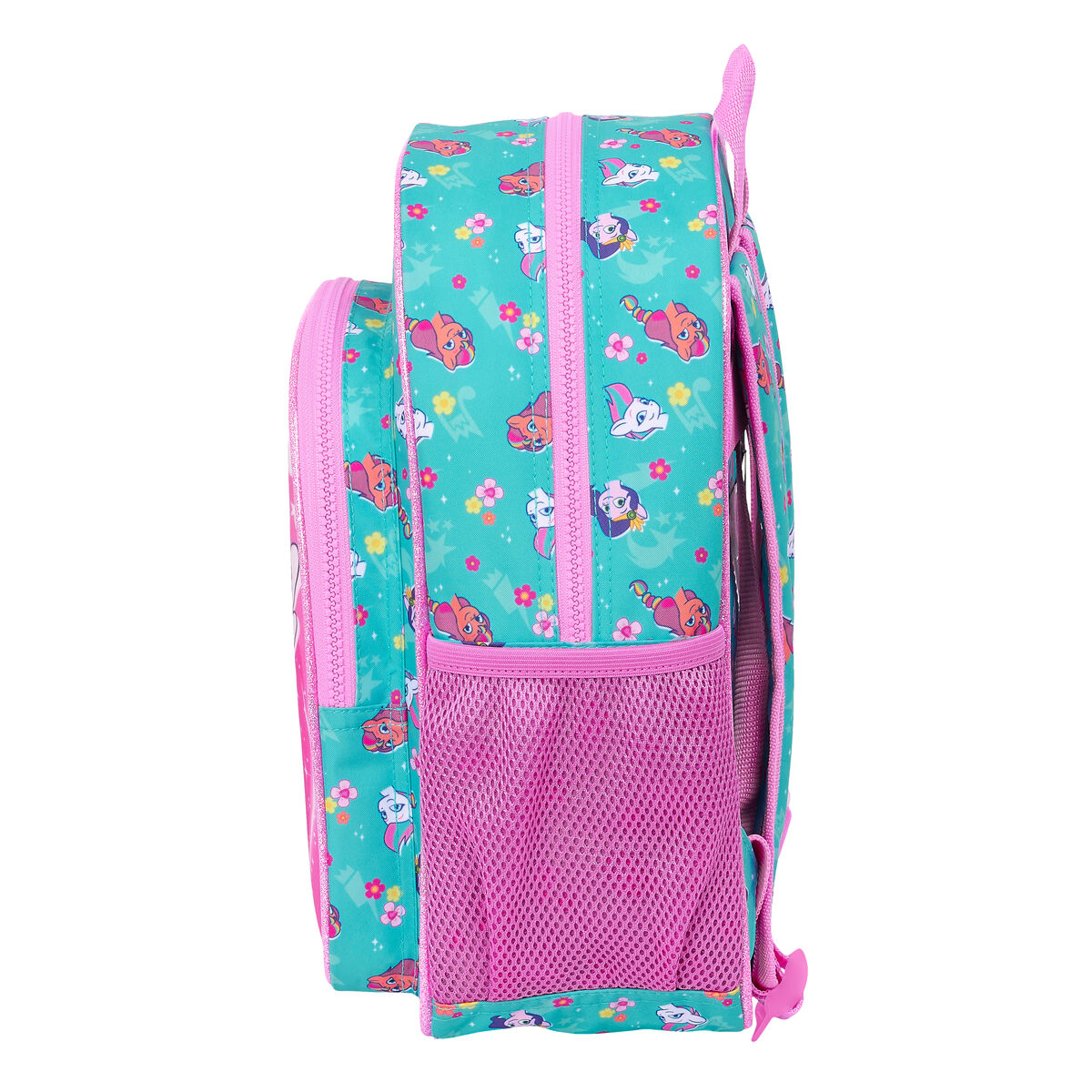 Ein Kinderrucksack mit rosa und tealfarbenem Design, mit Blumen und Cartoonfiguren.