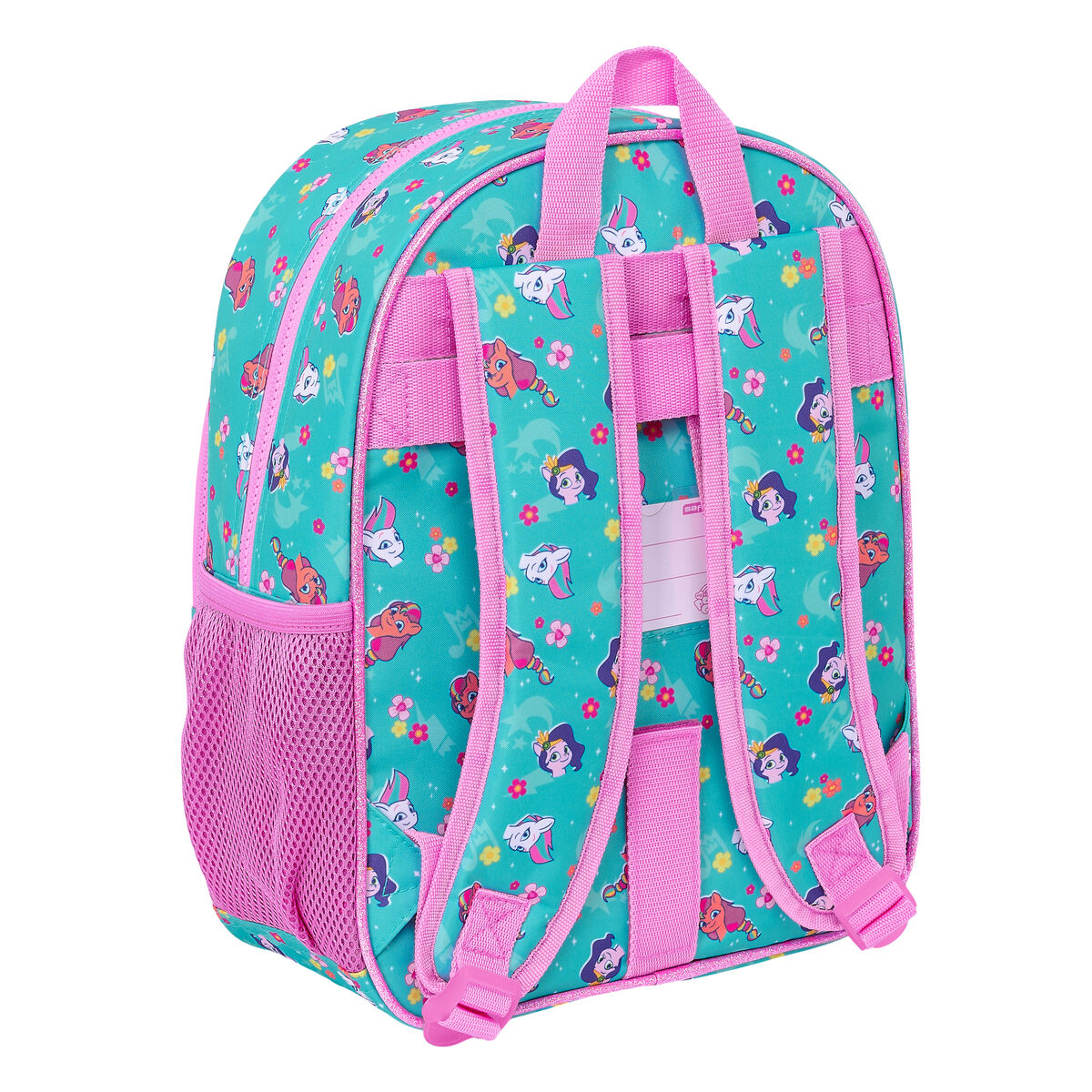 Rucksack mit Zeichentrickfiguren. Rosa Träger und Seitentasche.