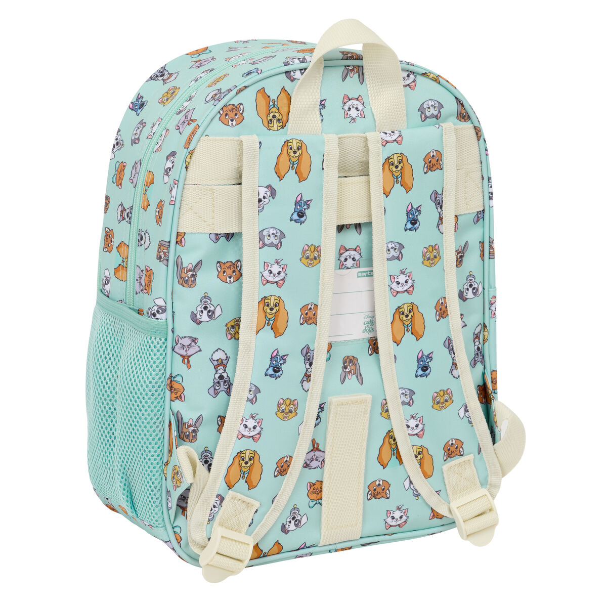 Rucksack mit Cartoon-Hundefiguren. Er hat einen hellgrünen Hintergrund mit hellbeige Trägern.
