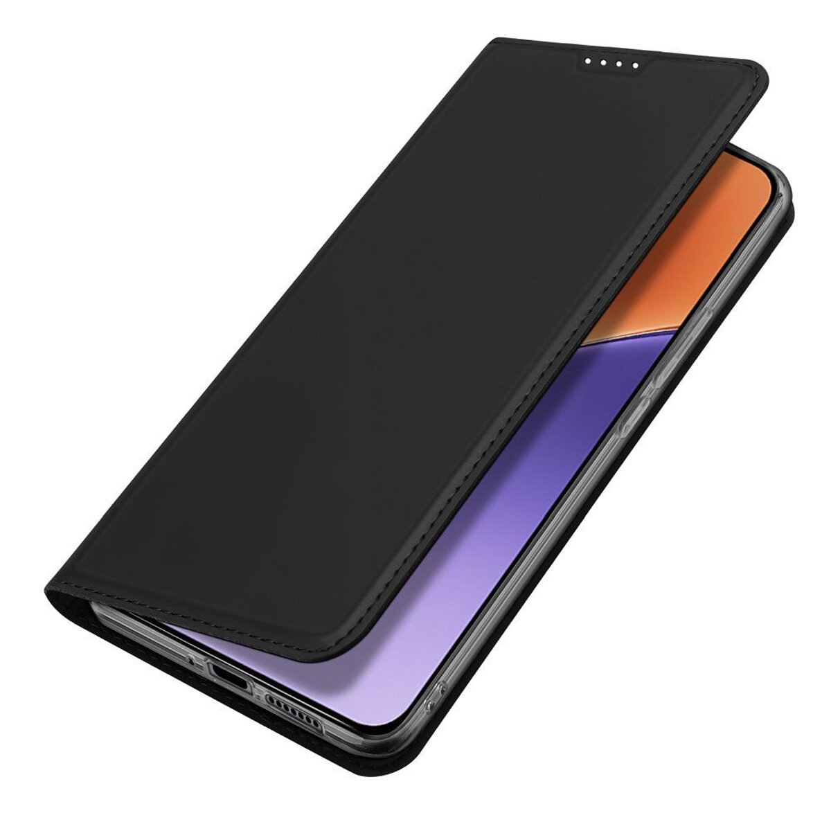 Schwarze Handyhülle, aufgeklappt, zeigt einen Telefonbildschirm. Die Hülle ist lederartig.