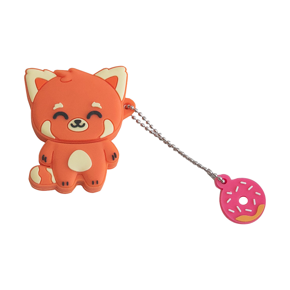 Rotpanda-Figur mit Donut-Anhänger an einer Kette. Pinker Donut mit Streuseln.