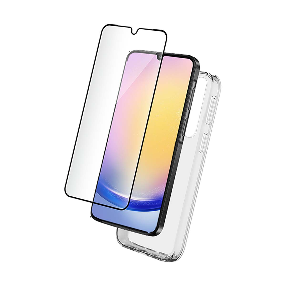 Smartphone mit Displayschutz und transparenter Hülle, auf weißem Hintergrund.