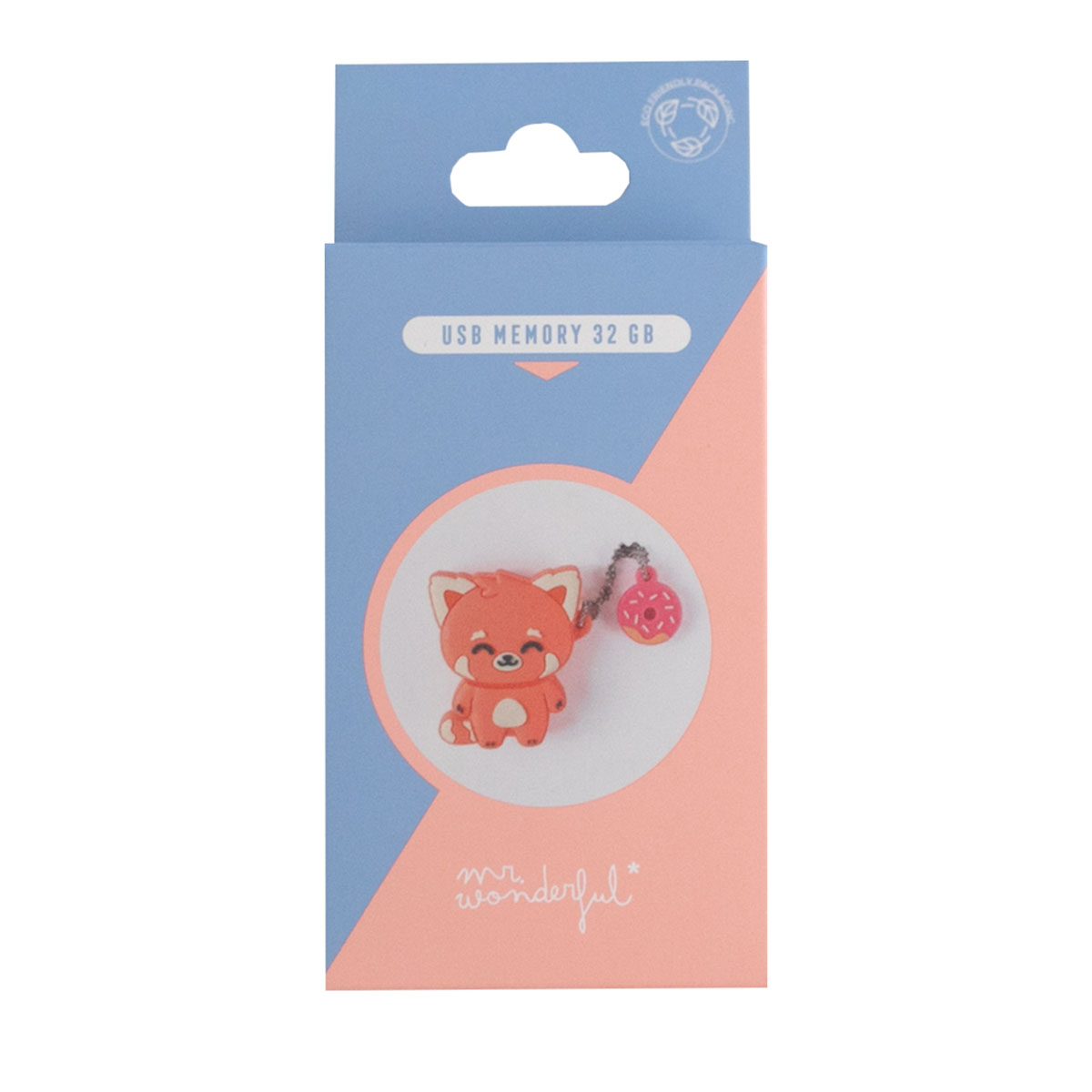 USB-Stick in einer Box. Der Stick ist ein roter Panda mit Donut-Anhänger. Die Box ist blau und rosa.