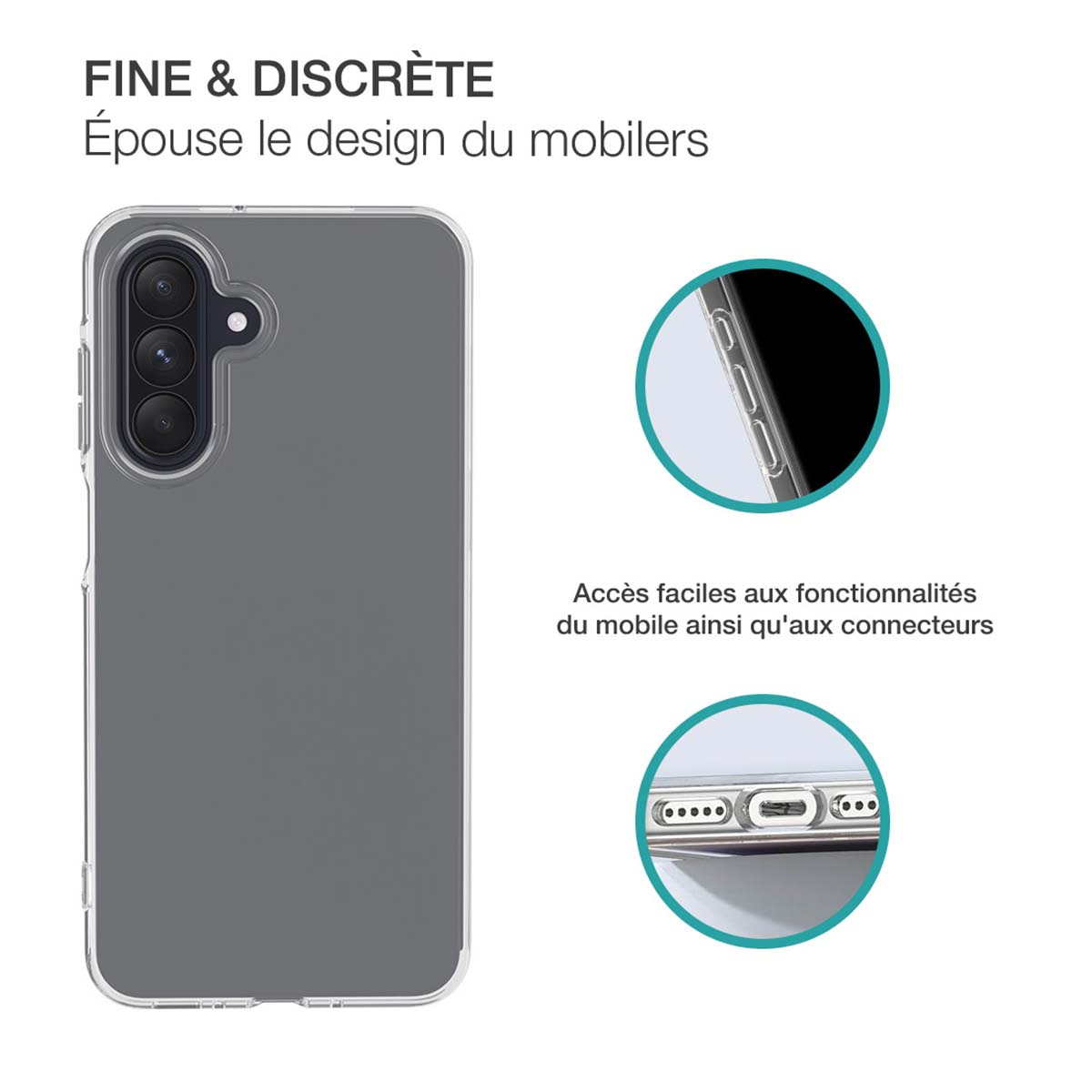 Graue Handyhülle mit Telefon. Enthält Nahaufnahmen der Hüllenmerkmale.