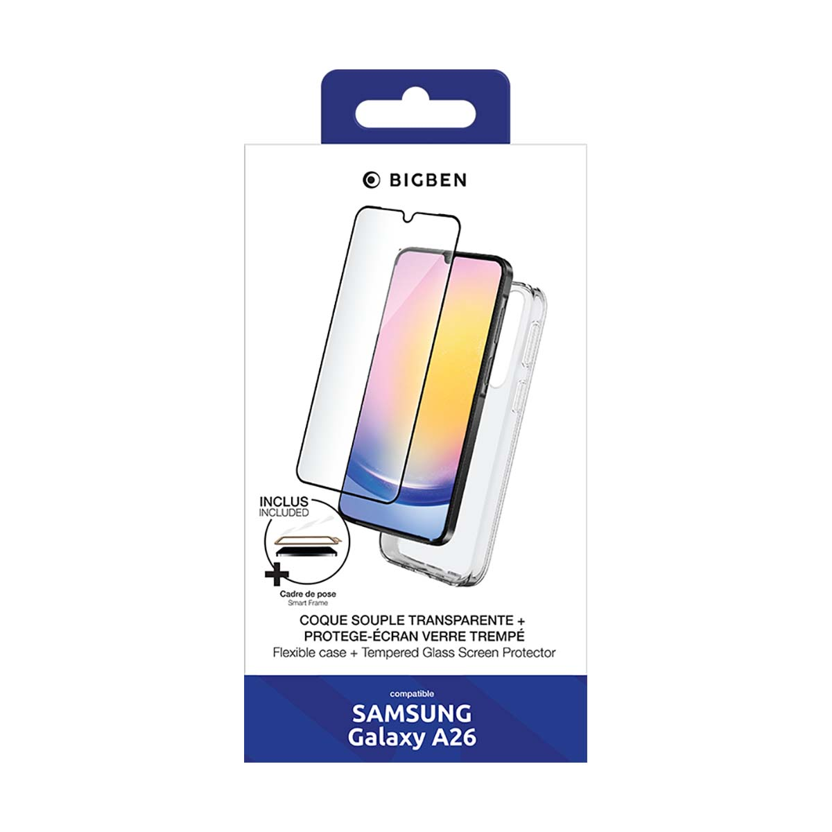 Verpackung für Displayschutzfolie und Hülle für das Telefon, mit Telefon im Inneren.