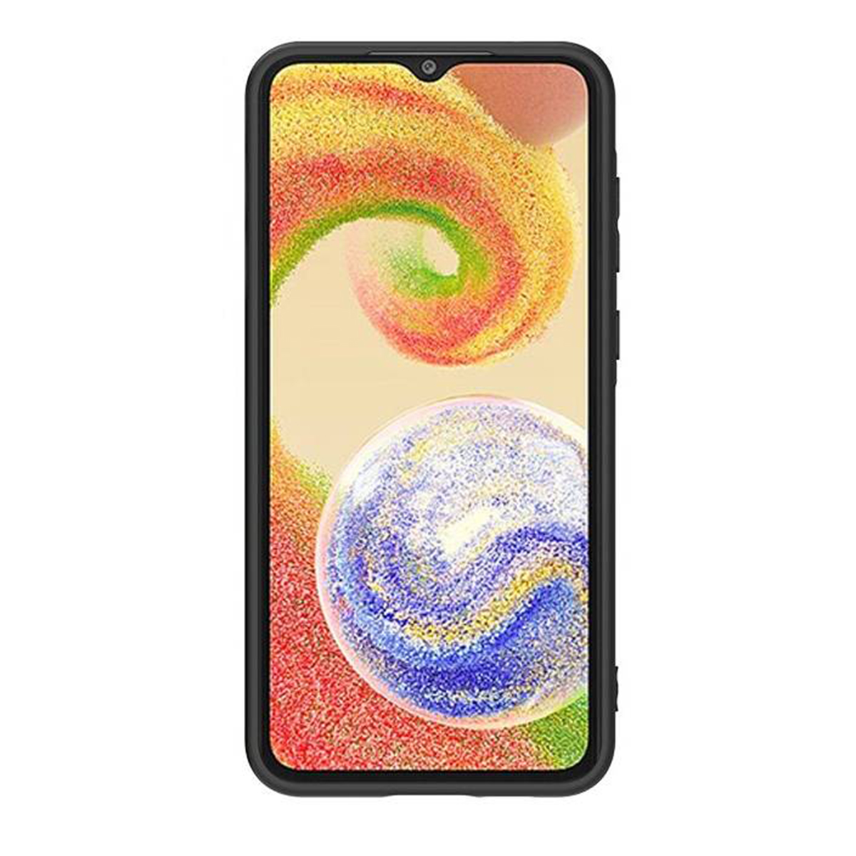 Un telefono nero in una custodia, con un motivo a spirale sullo schermo.