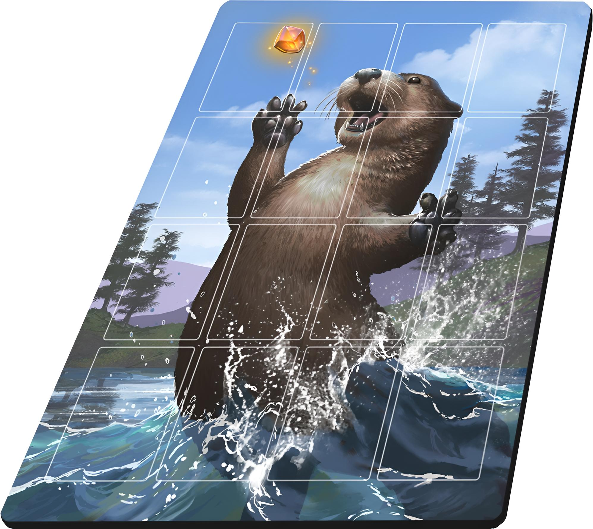 Otter springt aus dem Wasser auf einen schwebenden Edelstein zu. Im Hintergrund Bäume und Himmel.