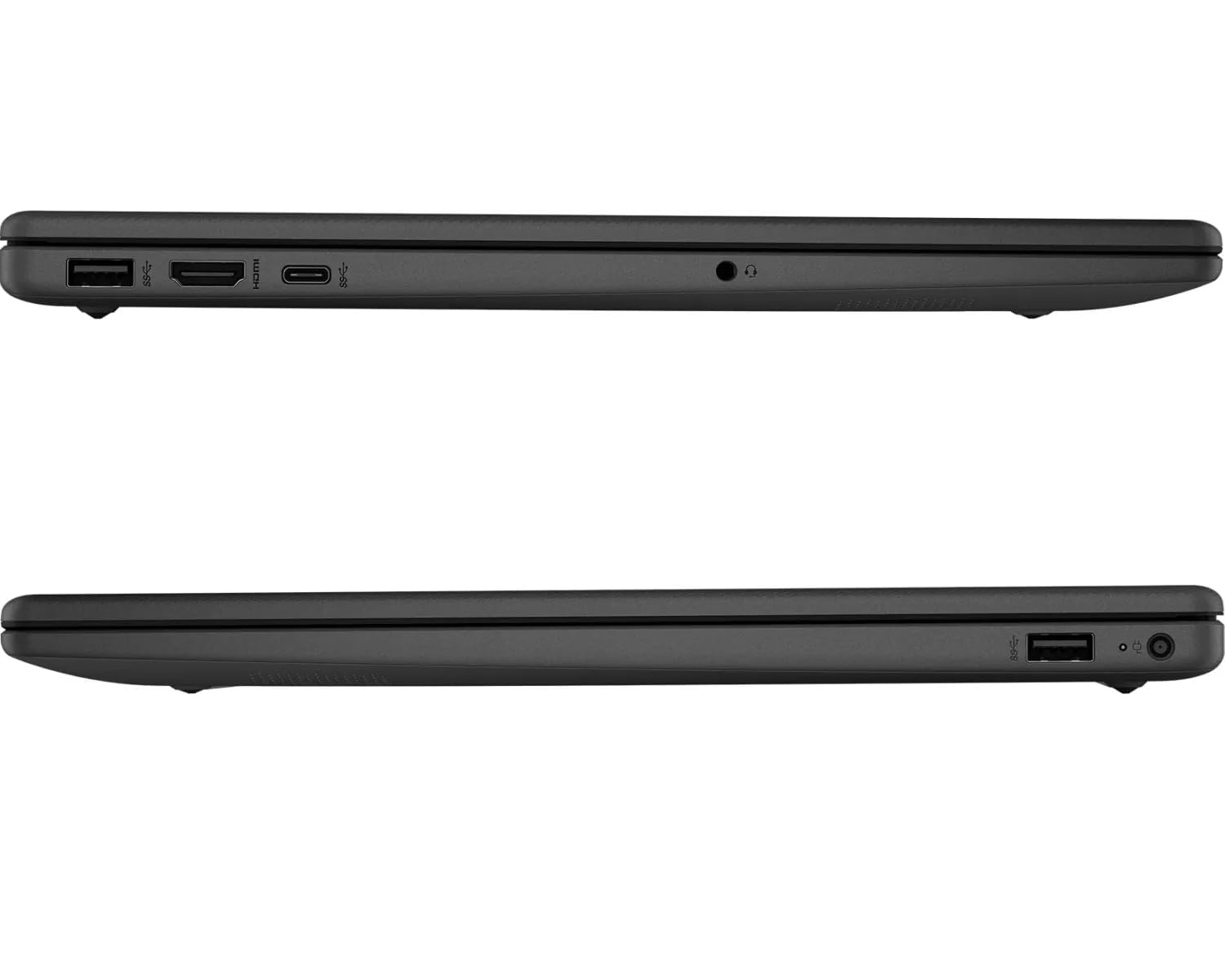 Zwei Seitenansichten eines schwarzen Laptops. Die obere Ansicht zeigt Anschlüsse. Die untere Ansicht zeigt ebenfalls Anschlüsse.