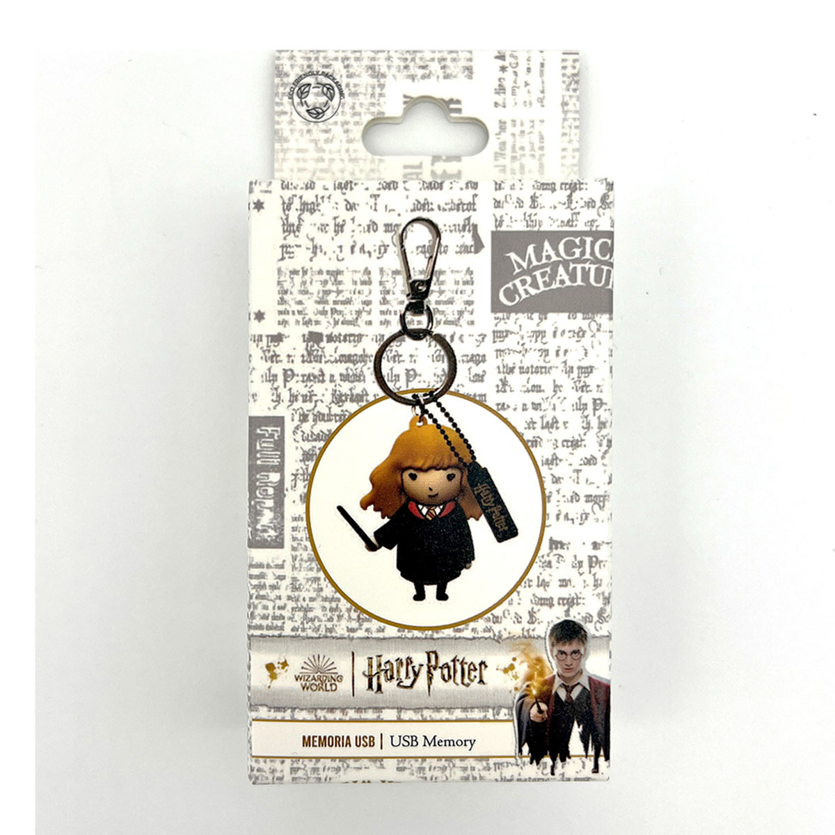 Clé USB Harry Potter dans un emballage. Il y a un personnage de dessin animé et une marque.