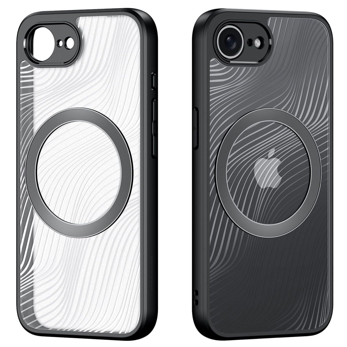Zwei Handyhüllen, eine transparente mit Wellenmuster und eine schwarze mit weißem Apple-Logo.
