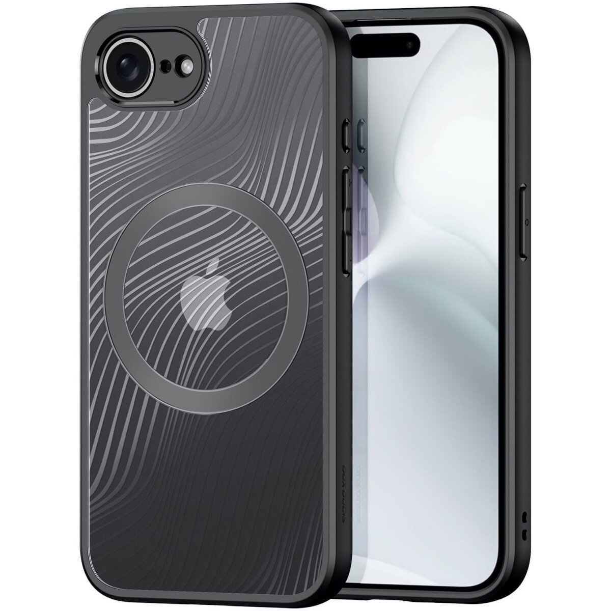 Schwarze Handyhülle mit einem Design aus geschwungenen Linien und einem kreisförmigen Apple-Logo.