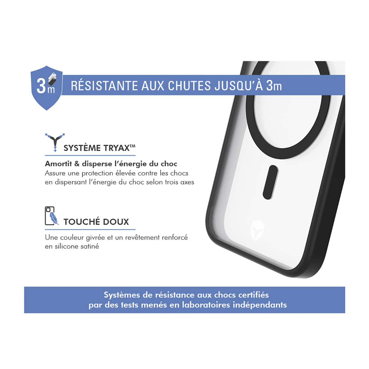 Coque de téléphone avec design blanc et noir, avec des détails tels que la résistance aux chocs et la protection contre les chutes.