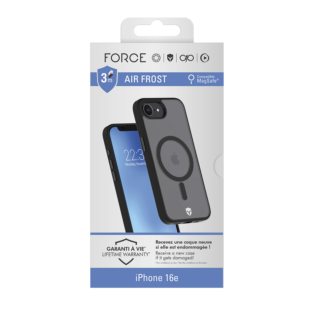 Boîte de coque de téléphone avec un téléphone à l'intérieur. Affiche les fonctionnalités et une garantie à vie pour un remplacement.